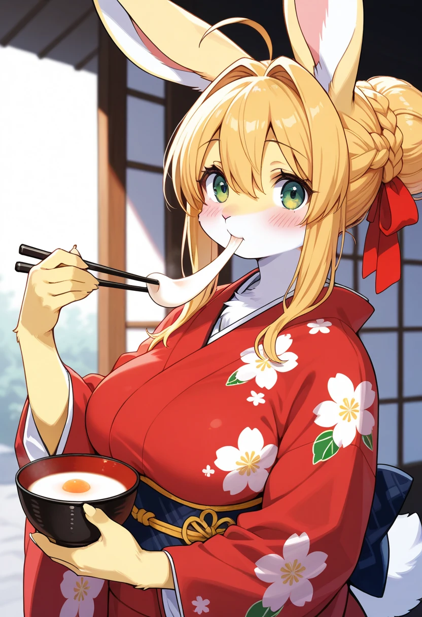 1girl, (furry, kemono:1.4), rabbit girl, animal nose, rabbit ears, rabbit tail, blonde hair, green eyes, ahoge, chopsticks, blush, hair intakes, hair between eyes, hair bun, single hair bun, braid, breasts, japanese clothes, kimono, wide sleeves, hair ribbon, long sleeves, floral print, looking at viewer, food, eating, mochi, bowl, bow, solo, holding, upper body, red kimono, red ribbon, mochi trail, holding chopsticks