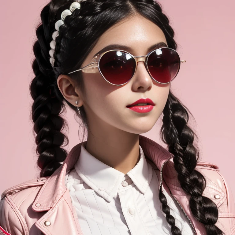  black hair,  braid twin tail,round red sunglasses ,  smirking,  pearl pink and white jacket , White Shirt  , black leather pants ,  Bust up shot ,  girl