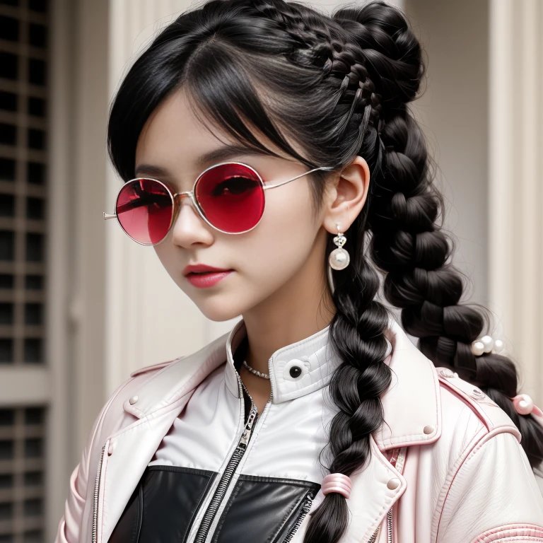  black hair,  braid twin tail,round red sunglasses ,  smirking,  pearl pink and white jacket , White Shirt  , black leather pants ,  Bust up shot ,  girl