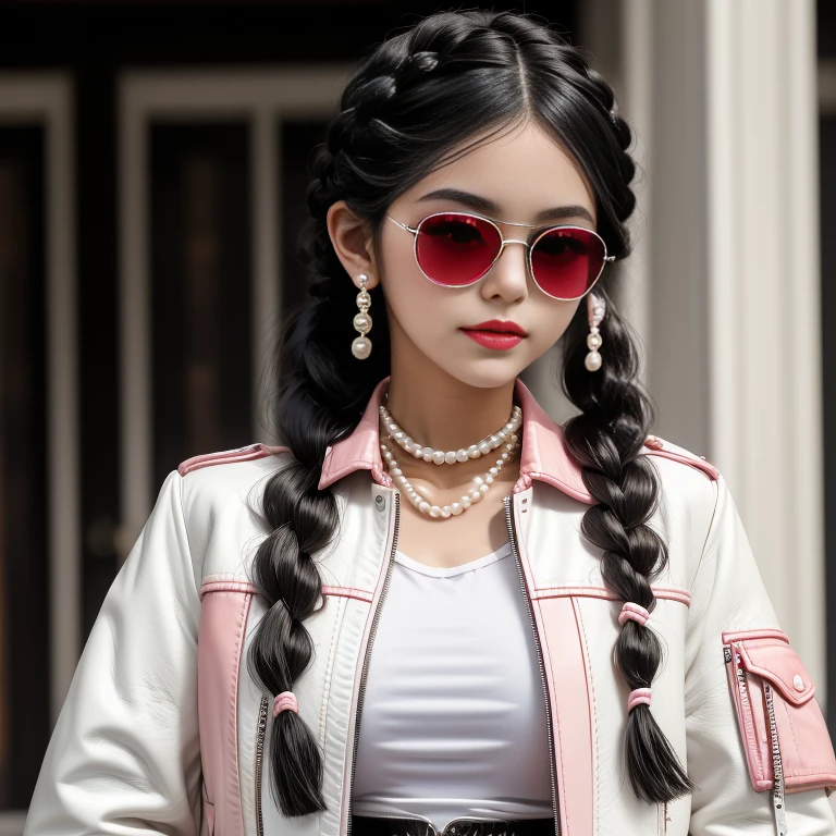  black hair,  braid twin tail,round red sunglasses ,  smirking,  pearl pink and white jacket , White Shirt  , black leather pants ,  Bust up shot ,  girl