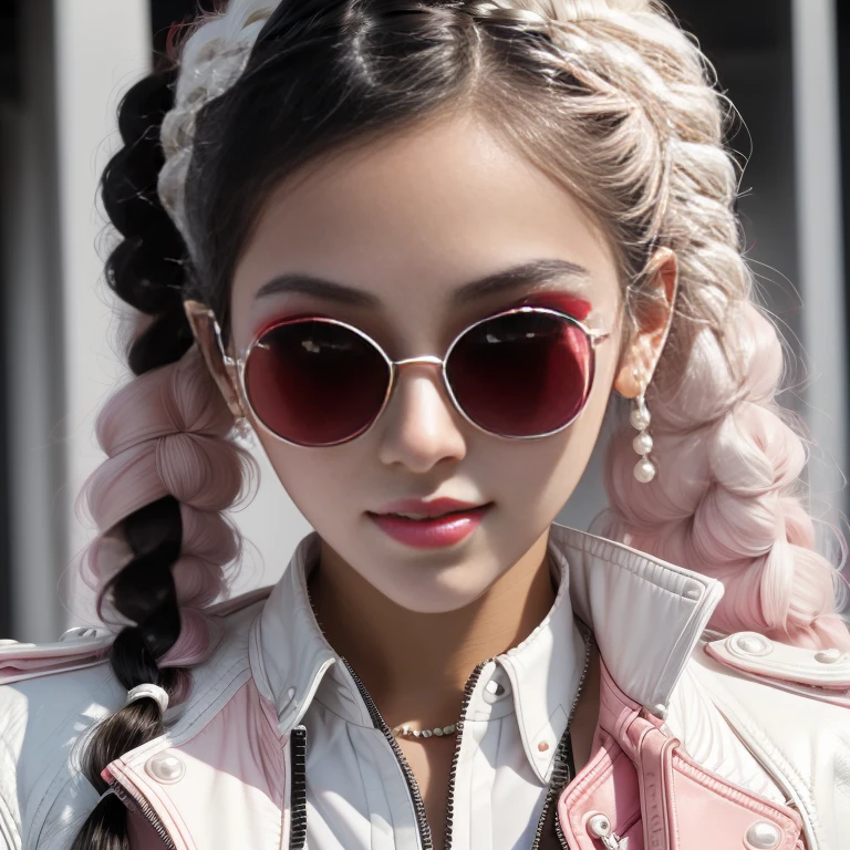  black hair,  braid twin tail,round red sunglasses ,  smirking,  pearl pink and white jacket , White Shirt  , black leather pants ,  Bust up shot ,  girl