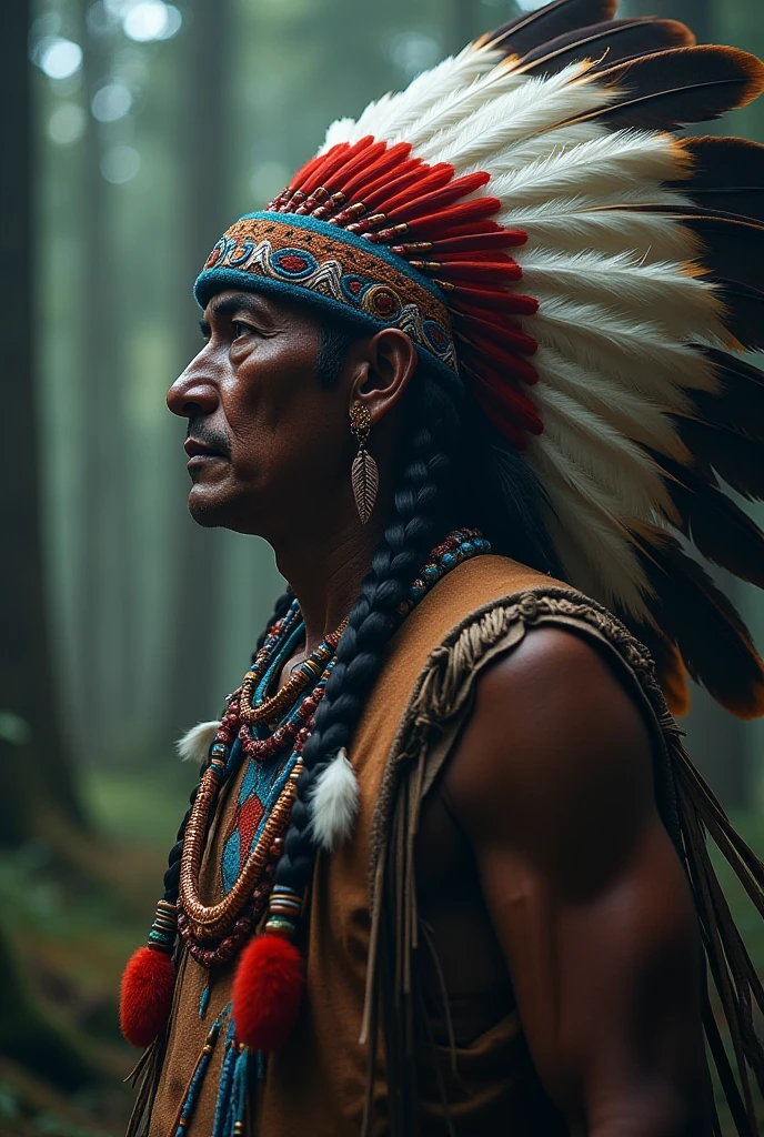 A stoic and wise leader of a future Native American tribe gazes into the distance. His headdress is a masterpiece of technology - shimmering feathers interwoven with glowing neon circuitry. He wears traditional tribal clothing augmented with futuristic enhancements. The background depicts a breathtaking fusion of ancient forest and gleaming cybernetic city.  Mood: contemplative, powerful, hopeful. Style: cinematic digital painting