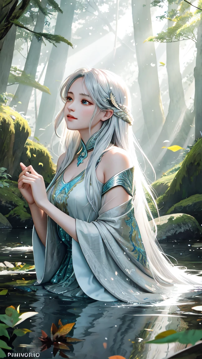 (Fairy of the Wind) 1? old girl, fluttering in the wind, steppe, forest, water lake, thin robe, light clothing, wearing nothing, beautiful head, one girl, alone, small, long hair, silver hair, slim body, whole body, delicate skin, clear white skin, cinematic lighting, morning sun, slender fingers, beautiful face, film light, light relative, elf, flying, floating, wind, flowers,