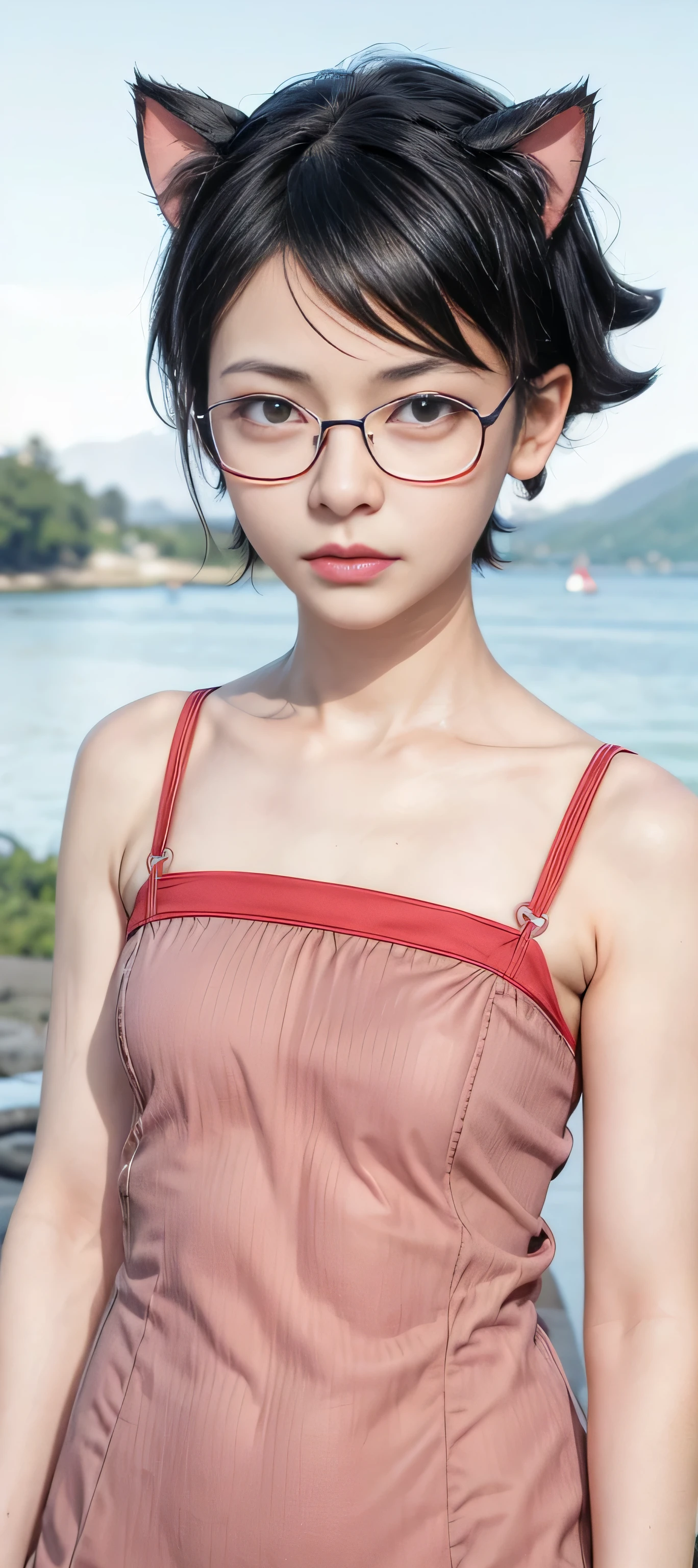 masterpiece, best quality, (realistic,photo-realistic:1.4), (RAW photo:1.2), extremely detailed CG unity 8k wallpaper, delicate and beautiful, amazing,finely detail, official art, absurdres, incredibly absurdres, huge filesize, ultra-detailed,extremely detailed eyes and face,light on face,sarada,(little smile:1.2),(black hair:1.4),(very short hair:1.4),nature,sarada uchiha ,(wearing black framed glasses:1.5),lake,(black eyes:1.6), (wearing honkai impact outfit:1.5),(cat ears:1.4)