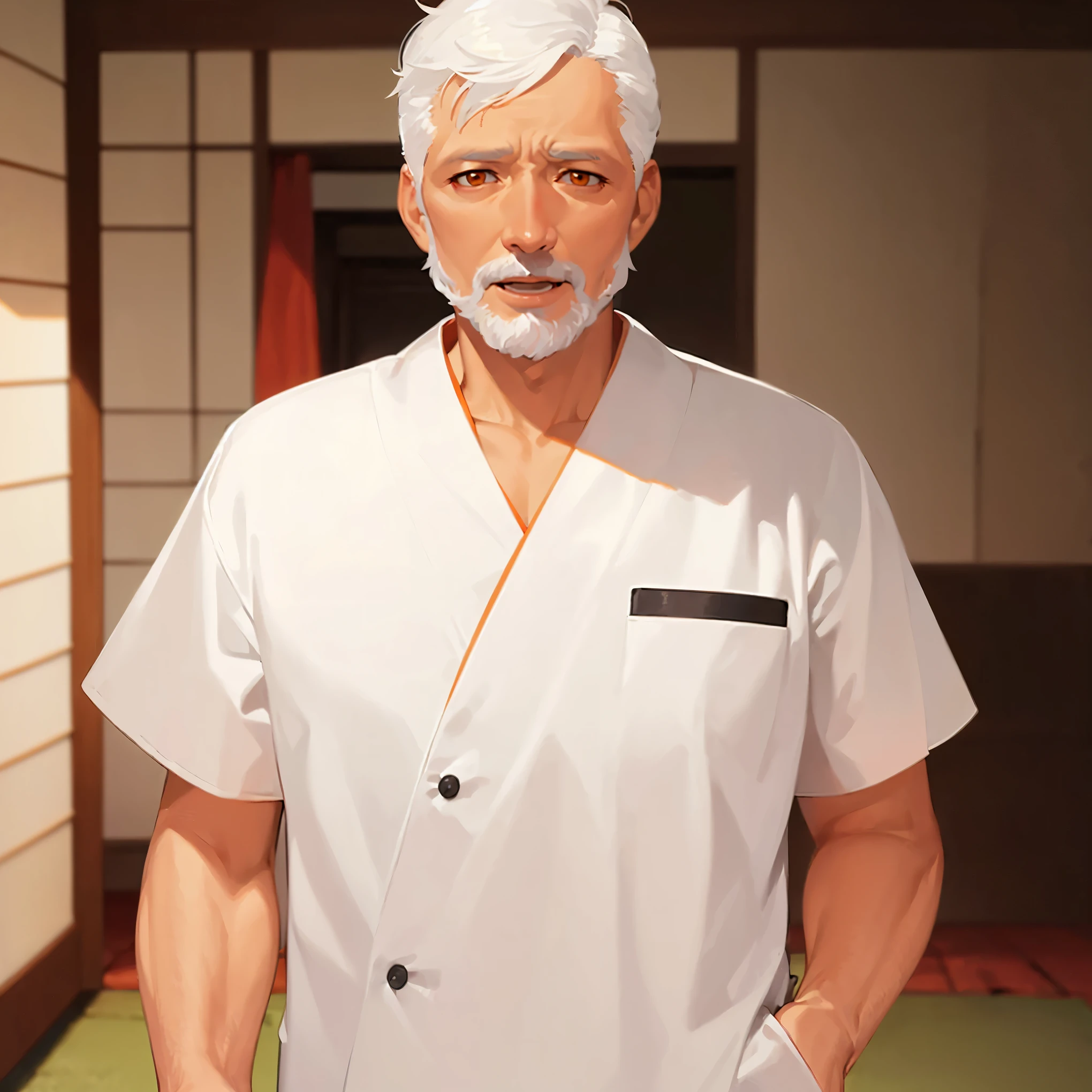 Inside a wooden shed,Old man with a syringe in his hand,thin,Beige shorts,Upper body naked,skinny,