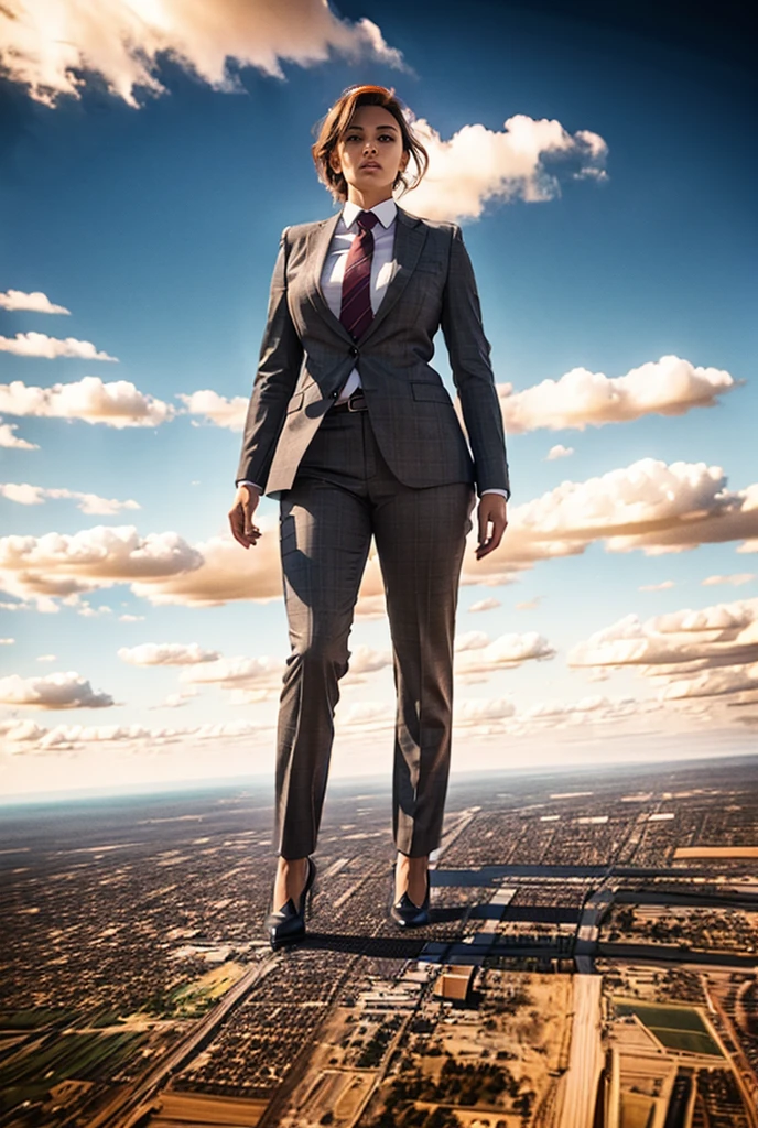 Giantess art, 100 miles tall giga giantess, sophisticated and stylish woman in a light grey italian pinstriped trouser suit, form fitting crisp white office shirt, and a large wide crimson necktie in a windsor knot, with a beautiful, curvaceous figure, large natural breasts, and long wavey redhead hair, with a curvaceous figure and massive breasts. wearing blue rounded court high heels with uncovered feet and standing, rampage-like pose, with a cityscape background of mega-city, urban sprawl, and small towns, partially obscured by a hazy, cloudy atmosphere. The image is a high-resolution, masterpiece-quality, cinematic, ultra-detailed, and hyper-photorealistic photograph, with perfect hands, face, and lighting. ultra-detailed, 8K, photo-realistic, hyper-realistic, masterpiece, intricate details, full body view. Looking at camera, The image is a high-resolution, masterpiece-quality, cinematic, ultra-detailed, and hyper-photorealistic photograph, with perfect hands, face, and lighting. ultra-detailed, 8K, photo-realistic, hyper-realistic, masterpiece, intricate details, full body view