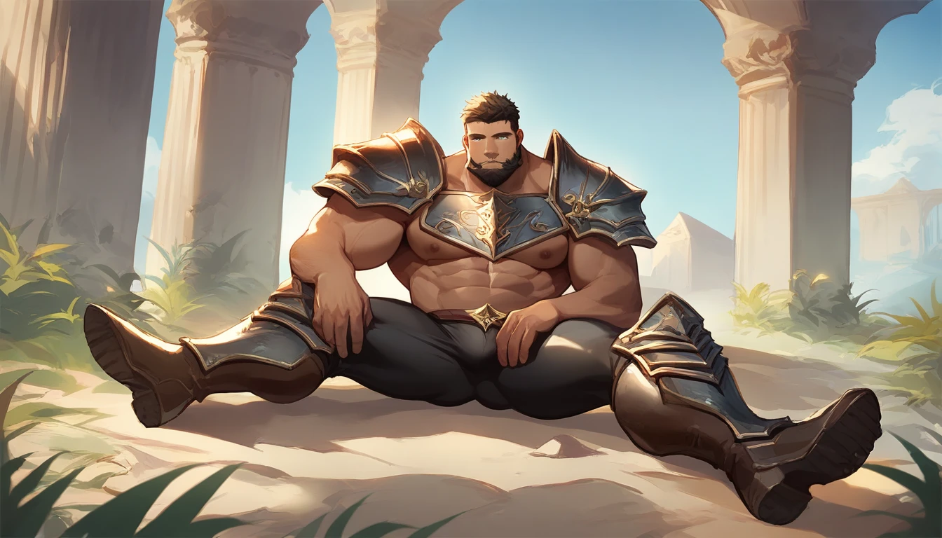score_9, score_8_up, score_7_up, solo, male focus, muscle male, Human , tan skin , beard, outdoors, closed mouth, shoulder armor , nipples , day , (( micro Black thong )) , full body , armor boots , laying Spread your legs , rise hands , sweat