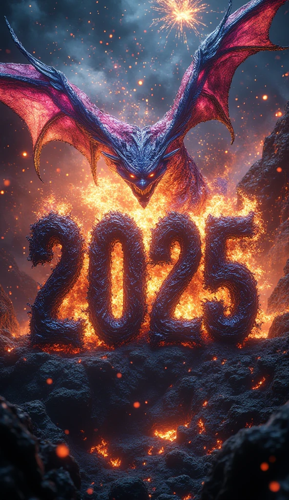  colorful fantasy New Year's poster, magical fireworks, huge and colorful text "New Year 2025", flying dragon between text letters,  detailed digital painting, cinematic lighting, dramatic colors, highly detailed, cinematic, 8k, photorealistic, masterpiece, hkevil, midjourmeyv6.1