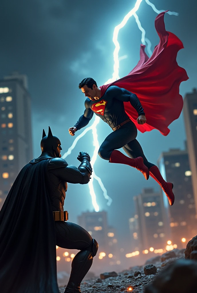 a dynamic and vibrant image depicting an epic battle between Batman and Superman. In the center of the scene, Batman, with his dark and detailed outfit, is in an aggressive fighting pose, using your fighting skills and gadgets. Superman, with his iconic blue and red costume, is in the middle of a powerful flight, with his muscles tensed and eyes glowing with his heat vision. The scene must be set in a destroyed urban setting, with ruined buildings and debris in the background, illuminated by lightning and thunderbolts. The mood should be dramatic, with dark clouds and a tense tone in the air. Lighting should highlight the intensity of the fight, with strong shadows and contrasts to accentuate the action and emotion of the confrontation.