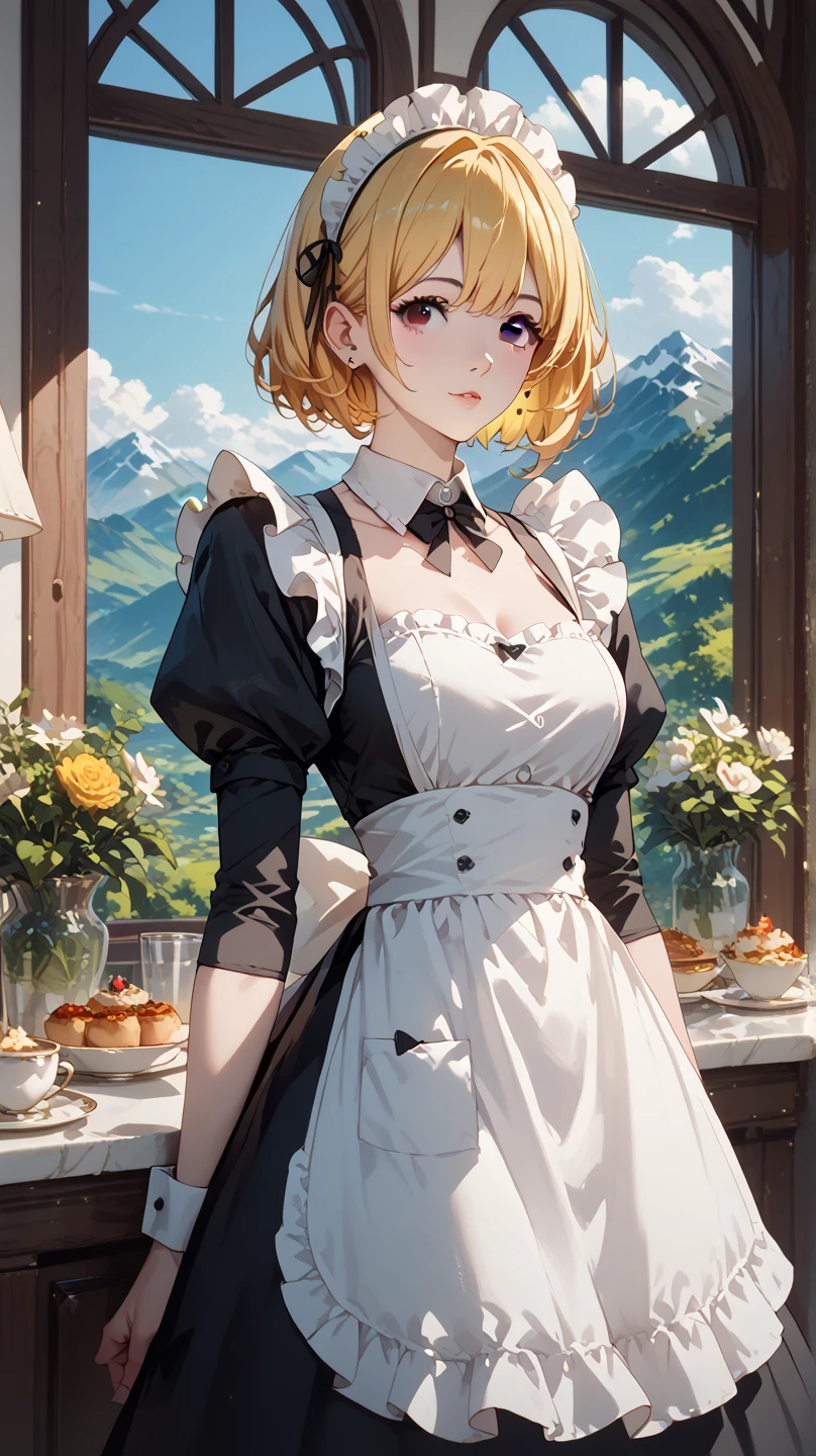 girl, shine short yellow hair, black eyes, maid cafe costume, tall, mountain