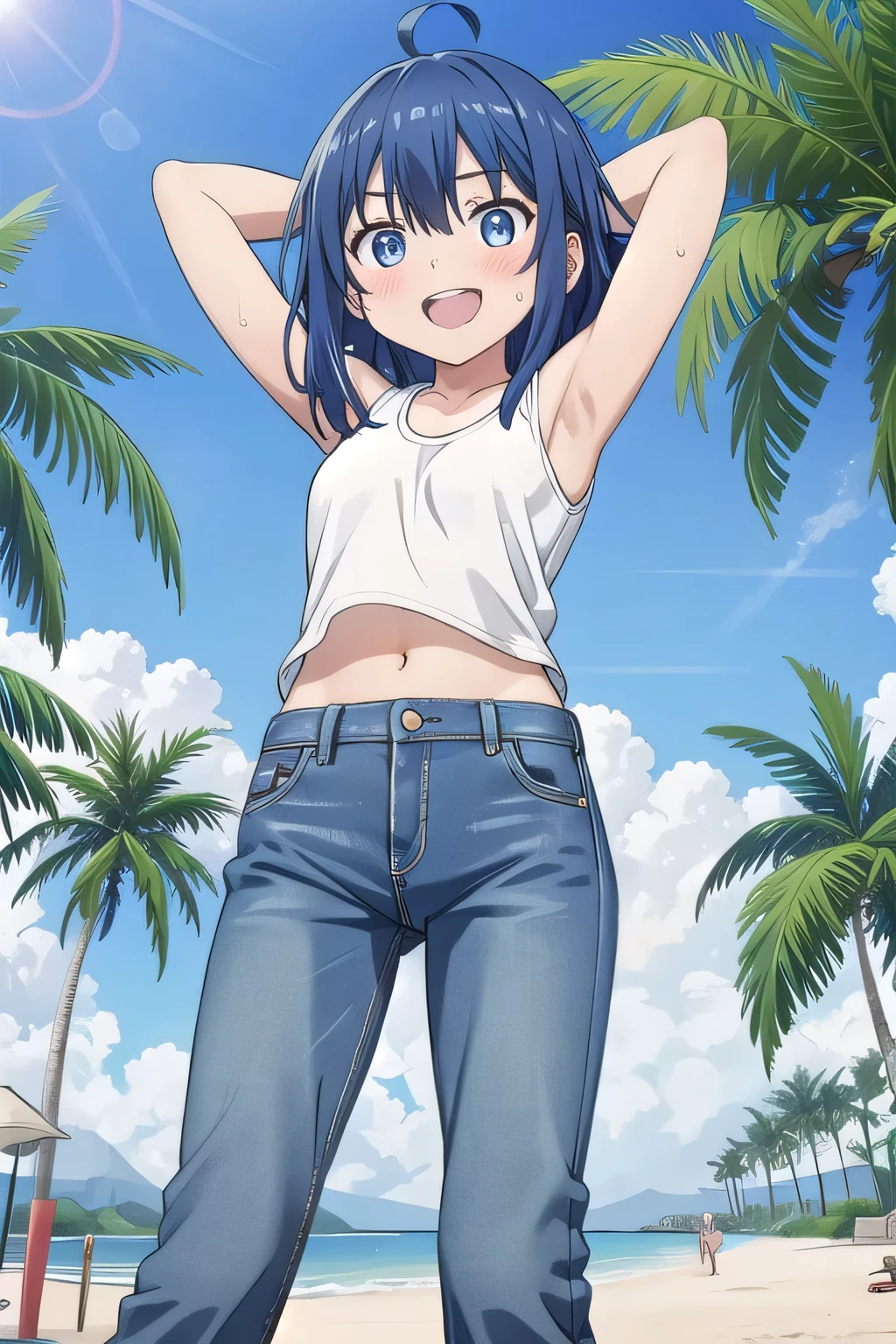 masterpiece,best quality,ultra detail, ((Perfect Face, Perfect Arms, Perfect hands, Perfect Fingers)), 1girl, , peti ((round face, ecstasy, orgasm face, drooping eyes, shame smiling, blush)), dropping eyes, sleepy, background((under the beach, (day:1.2), palm tree, bright sky)), Yanami anna, ahoge,medium hair,blue hair,sidelocks,blunt bangs,blue eyes, hair between eyes,parted bangs, blue eyes, arms behind head, contrapposto, spread armpits, looking at viewer,, (white tank top:1.2), (white crop top:1.2), (jeans pants:1.2, flares jeans:1.2, skinny jeans:1.2, blue jeans:1.2), standing, (legs spread:1.2), running pose, Sweaty crotch, Steam from the crotch, from below, full medium body