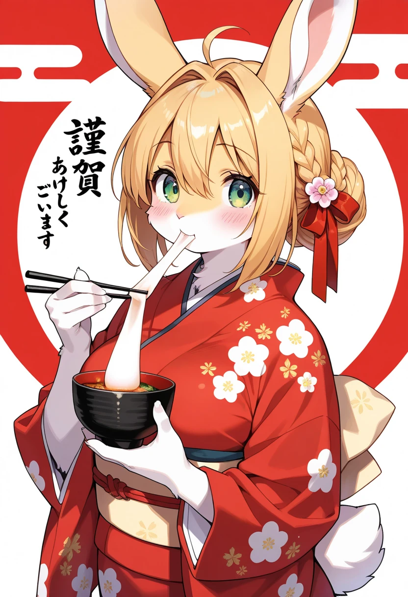 1girl, (furry, kemono:1.4), rabbit girl, animal nose, rabbit ears, rabbit tail, blonde hair, green eyes, ahoge, chopsticks, blush, hair intakes, hair between eyes, hair bun, single hair bun, braid, breasts, japanese clothes, kimono, wide sleeves, hair ribbon, long sleeves, floral print, looking at viewer, food, eating, mochi, bowl, bow, solo, holding, upper body, red kimono, red ribbon, mochi trail, holding chopsticks, new year greetings,