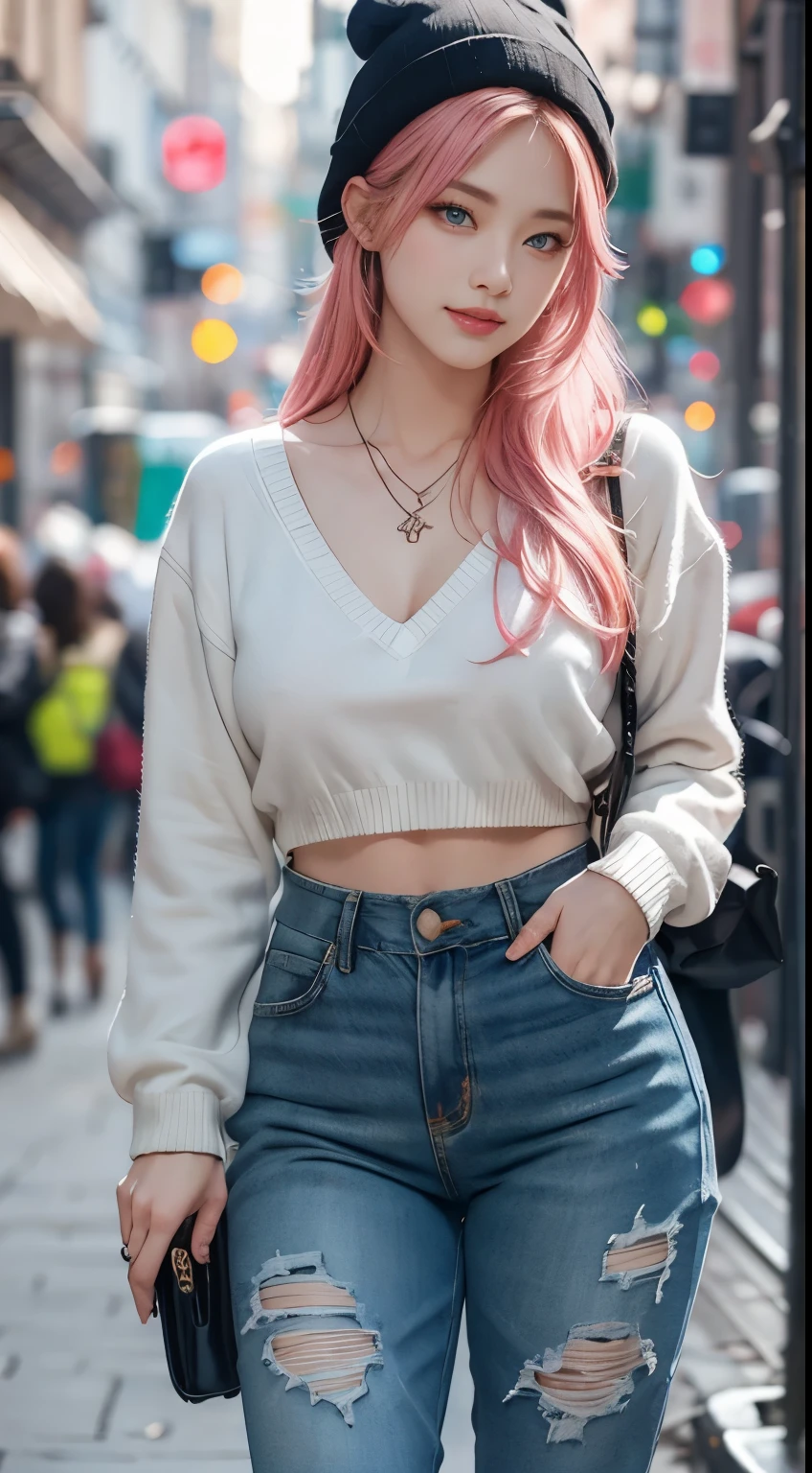((best quality)), ((masterpiece)), (detailed), perfect face ((masterpiece, realistic, best quality, extremely intricate, solo, 1girl) 22 yr old girl white chop tshiet open abdomen super mini pant lonf legs perfect body pink hair 