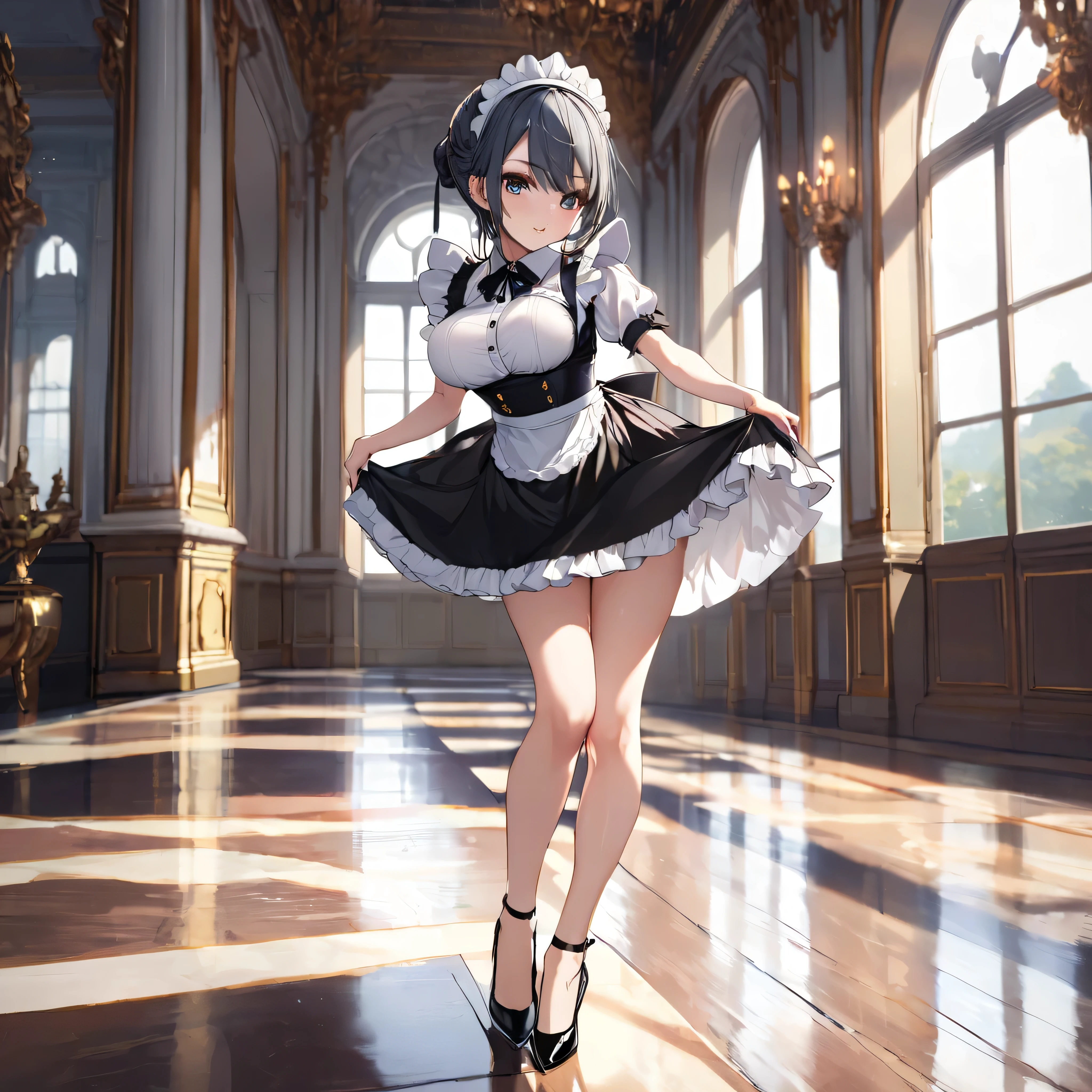 hall of royal palace, landscape, BREAK, beautiful detailed face, ultra high resolution, masterpiece, BREAK, (solo), (1 petite maid standing:1.2), tiptoe, curtsey, arched back, bouncing breasts, looking at viewer, BREAK, large breasts, (too short torso:1.2), (too short waist), (very narrow skinny waist), skinny legs, (long legs), BREAK, black maid dress, too short high-waist skirt, stiletto heels