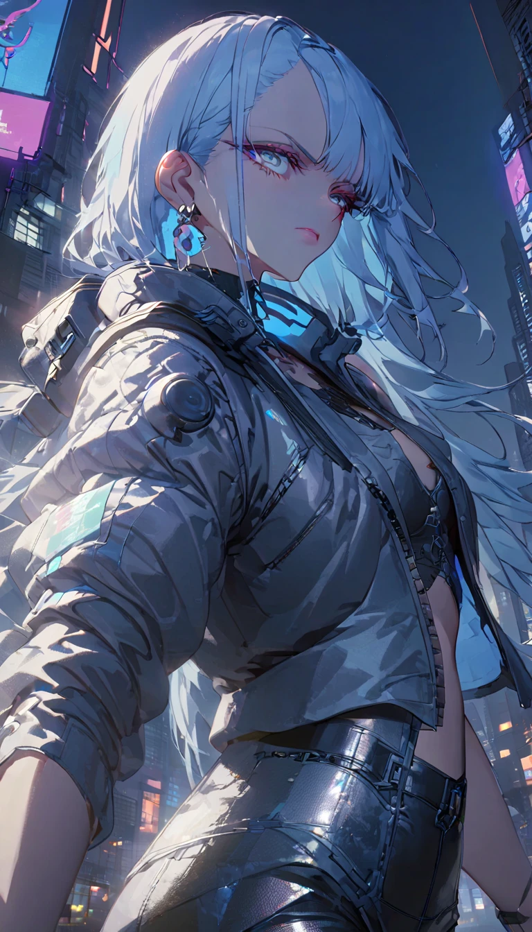 (((Best quality, 8k, Masterpiece: 1.3)), ((best quality)), ((masterpiece)), (detailed), perfect face, cyberpunk, jacket, leather pants, cybercity, night, light blue hair, sunglasses, crystal earrings, Futurism, cinematic lighting, ray tracing, backlighting