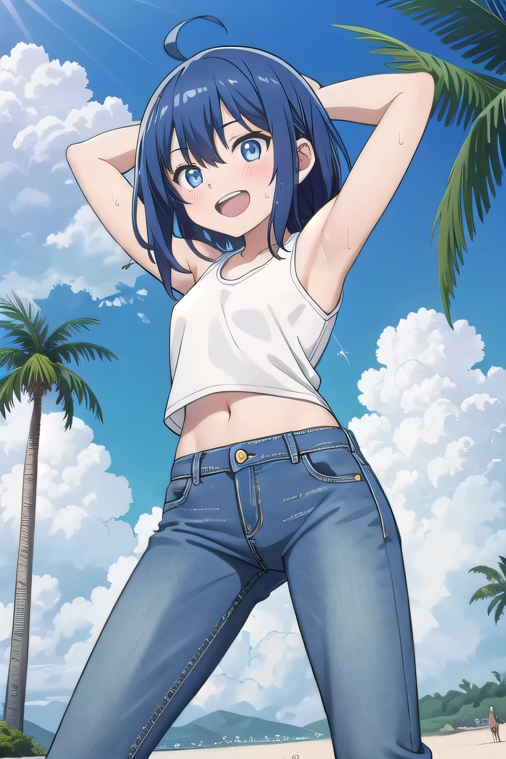 masterpiece,best quality,ultra detail, ((Perfect Face, Perfect Arms, Perfect hands, Perfect Fingers)), 1girl, , peti ((round face, ecstasy, orgasm face, drooping eyes, shame smiling, blush)), dropping eyes, sleepy, background((under the beach, (day:1.2), palm tree, bright sky)), Yanami anna, ahoge,medium hair,blue hair,sidelocks,blunt bangs,blue eyes, hair between eyes,parted bangs, blue eyes, arms behind head, contrapposto, spread armpits, looking at viewer,, (white tank top:1.2), (white crop top:1.2), (jeans pants:1.2, flares jeans:1.2, skinny jeans:1.2, blue jeans:1.2), standing, (legs spread:1.2), stretching pose, Sweaty crotch, Steam from the crotch, from below, full medium body
