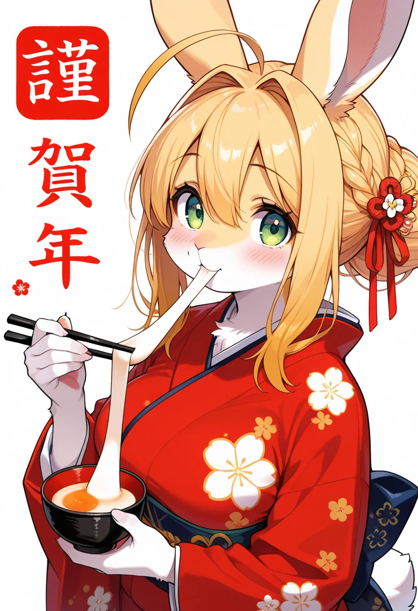 1girl, (furry, kemono:1.4), rabbit girl, animal nose, rabbit ears, rabbit tail, blonde hair, green eyes, ahoge, chopsticks, blush, hair intakes, hair between eyes, hair bun, single hair bun, braid, breasts, japanese clothes, kimono, wide sleeves, hair ribbon, long sleeves, floral print, looking at viewer, food, eating, mochi, bowl, bow, solo, holding, upper body, red kimono, red ribbon, mochi trail, holding chopsticks, text happy new year,