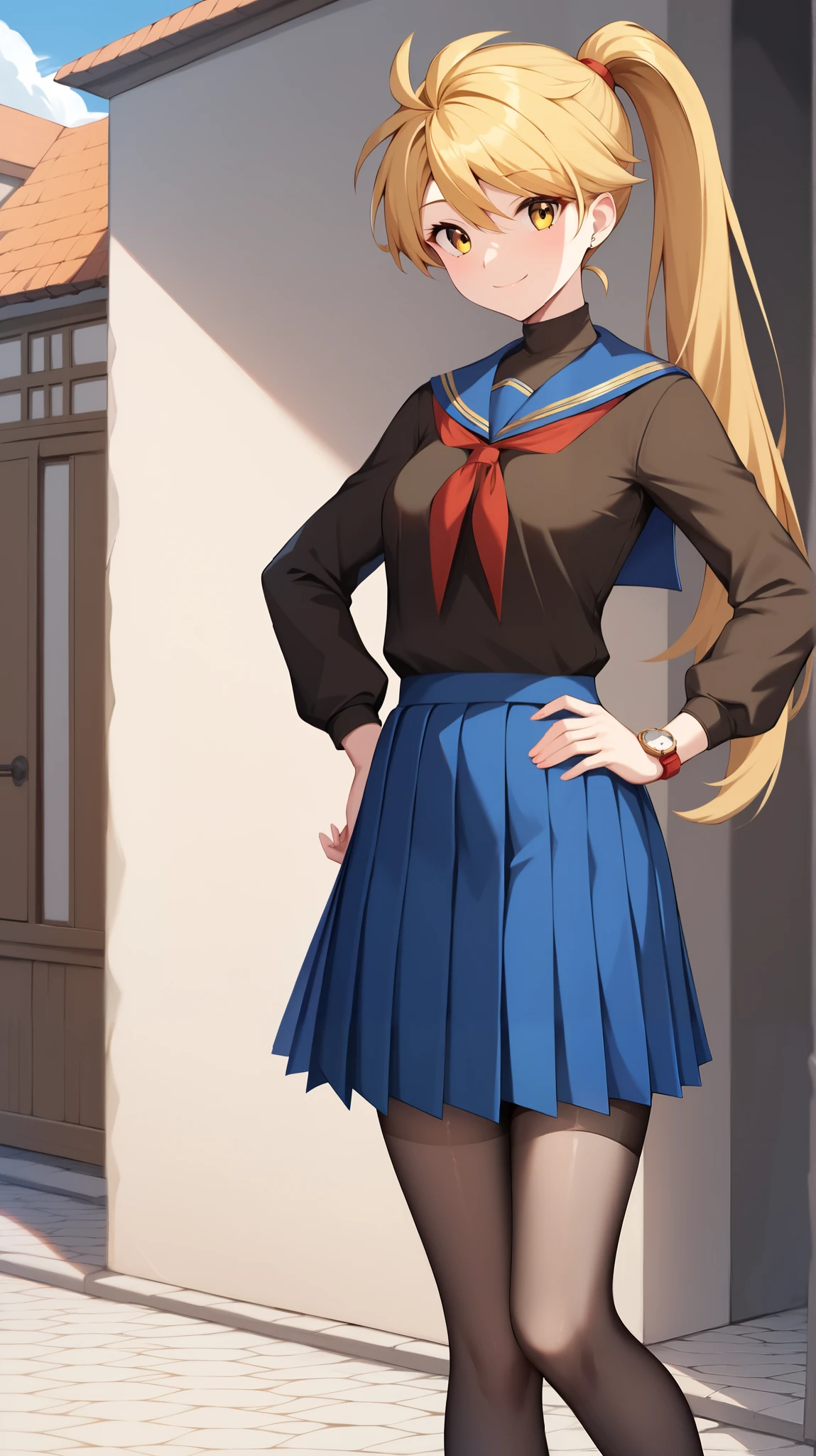 (( top quality)), ((masterpiece)), (( Details)), 1girl,  golden hair color,  Ponytail,  long hair, Yellow Eyes,  long sleeve sailor suit,  blue pleated mini skirt ,  high school girl,  black knee-high stockings,  absolute domain,  thighs,  loafers without pants,  Tall,  anime coloring book,  Watch Viewers , 1 Female, Age 17,  is standing, whole body, Place one hand on hip,  slim figure,  sexy smile,  Seductive Smile, Two legs, two arms, town, (\ Pokémon\), 
