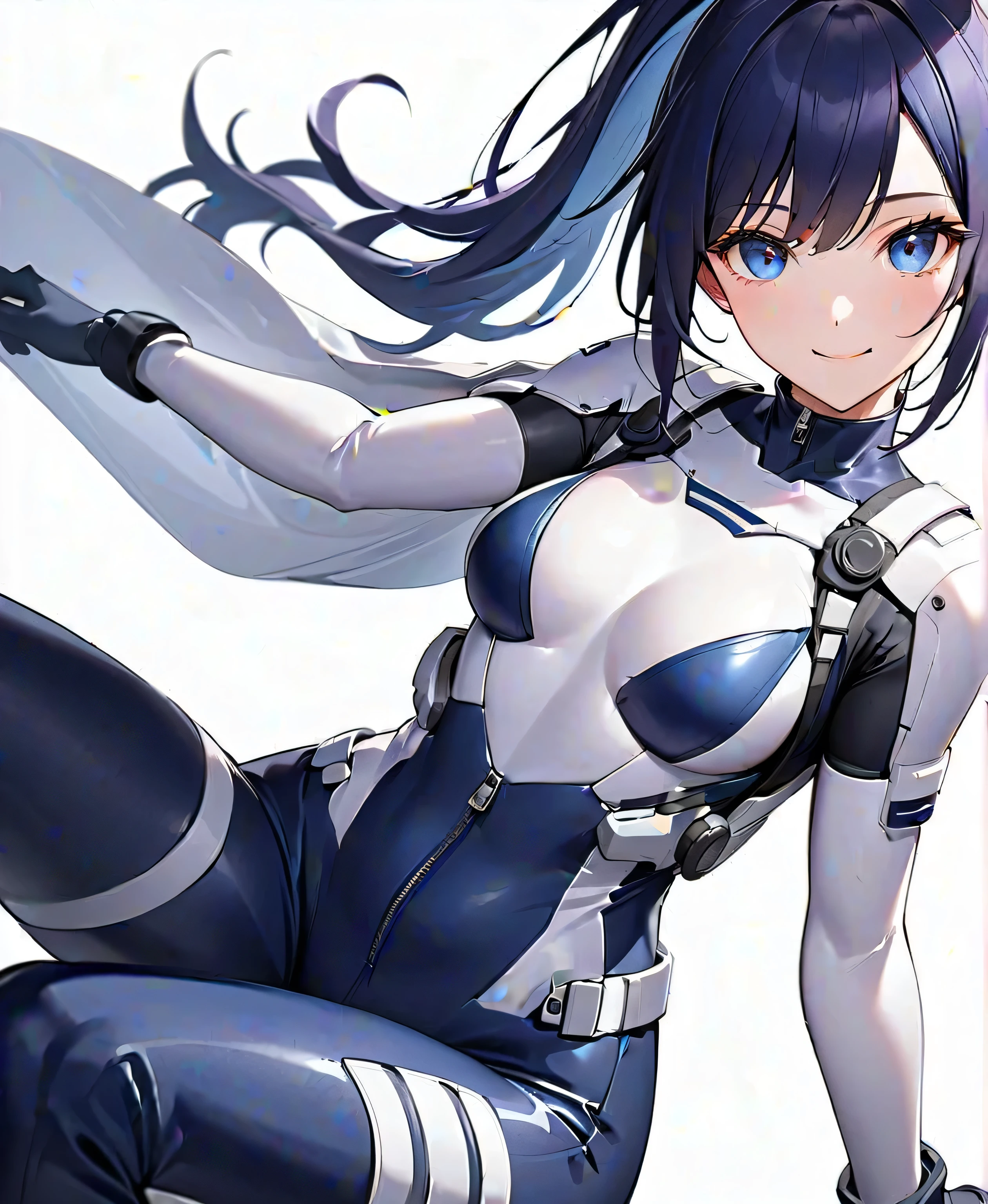 (highest resolution, distinct_image), best quality, masterpiece, highly detailed, semi realistic, a woman with short black hair, mature woman, triple bangs, white and blue color flight suit, tight fitting clothes, clothes covering the whole body, beauty, spacecraft, piloting spacecraft, in flight