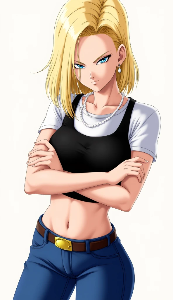 score_9, score_8_up, score_7_up, intricate details,
1girl, android 18, dragon ball, blonde hair, blue eyes, black vest, cropped vest, belt buckle, crossed arm, earrings, jewelry, pearl necklace, short hair, white shirt, short sleeves, shirt tucked in, denim, jeans, light smile, looking at viewer,