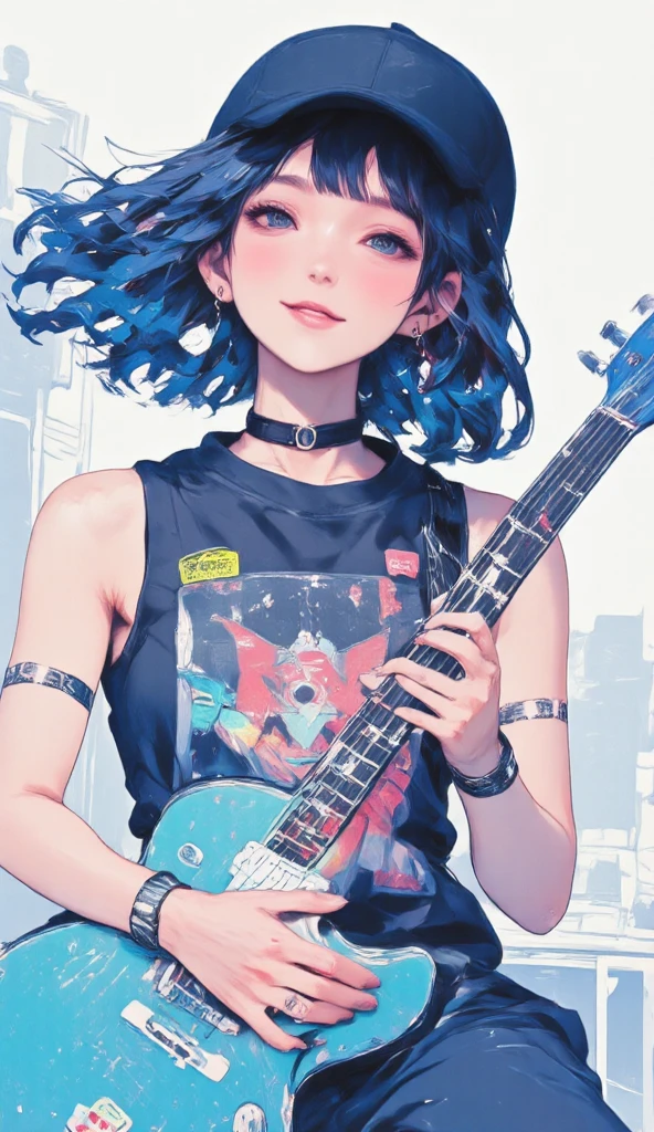   close-up of a person holding a guitar, With index finger, bassist,  anime atmosphere ,   sleeveless sweatshirt  ,   colored picture on a sweatshirt  ,   the guitar has a shoulder strap  ,  camera from below,   blue hair fluttering in the wind  ,  hat with visor  ,   Spike bracelet and chain  ,   cyan guitar  ,    white background,  Sunlight on the left side  ,  pincho color , Wink,  sticking out your tongue,  mocking pose  ,  Tsutomu Nihei style , Gwaiz, Tsutomu Nihei art,   Guweiz's style art work ,  dreaming rocker girl ,  beautiful and detailed anime style ,  2D anime style ,   style mix from Tsutomu Nihei  ,  anime style,  chiaroscuro,  cinematic lighting, Fuji Color, U high resolution, retina, masterpiece, Accurate,  anatomically correct,  Textured Skin,  more details,   high detail ,  High Quality ,    two-bracelet that won a realistic   , 最 High Quality ,  high resolution, 1080P,  high resolution, 16k