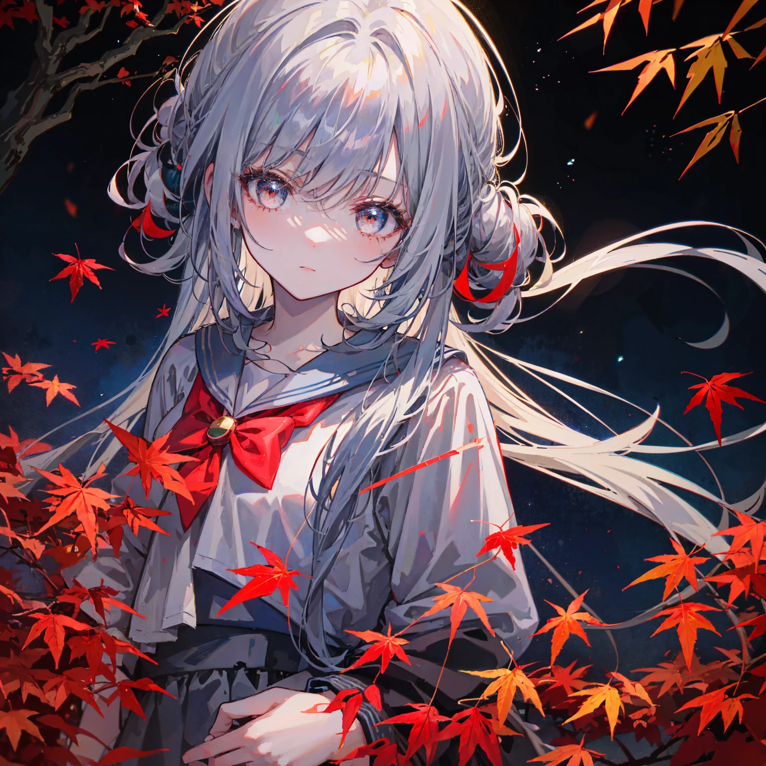 A girl with smoky gray gyaru-style hair tied up stands looking at the mysterious bright blue moon, wearing a cool sailor outfit with maple red pattern, surrounded by a forest of bright red maple leaves at night, magical, colorful, many clear details, unique style.