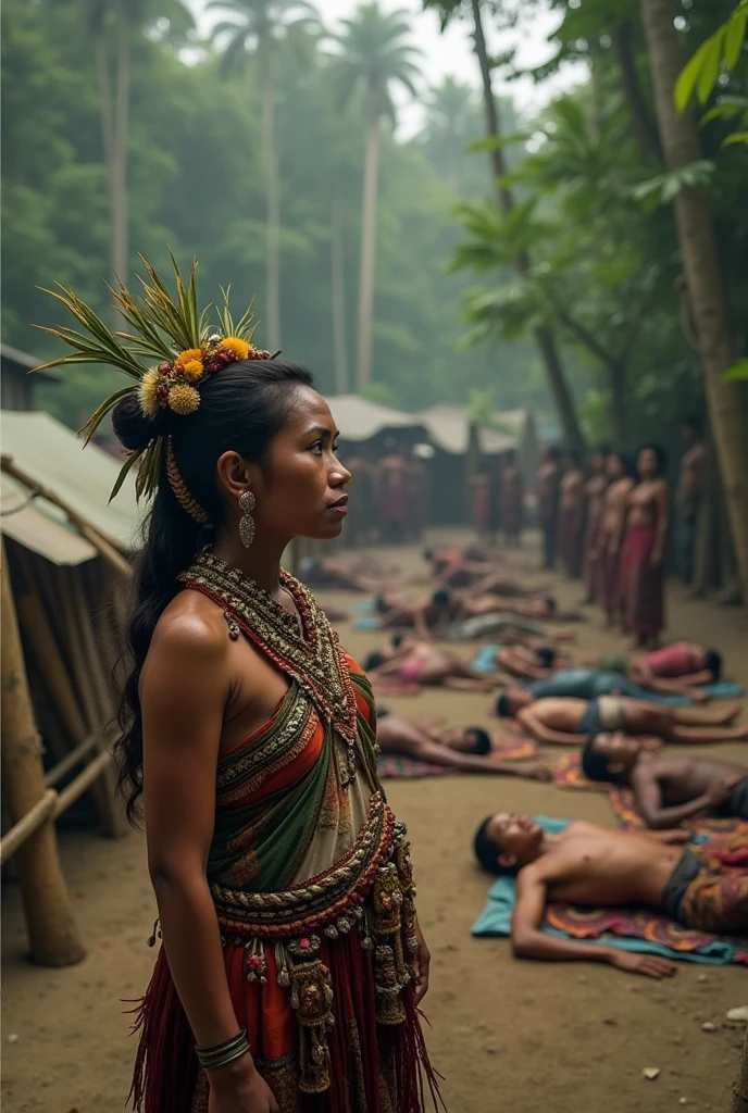 A group of contemporary people, watching with horror a group of indigenous people performing a sacrificial ritual.