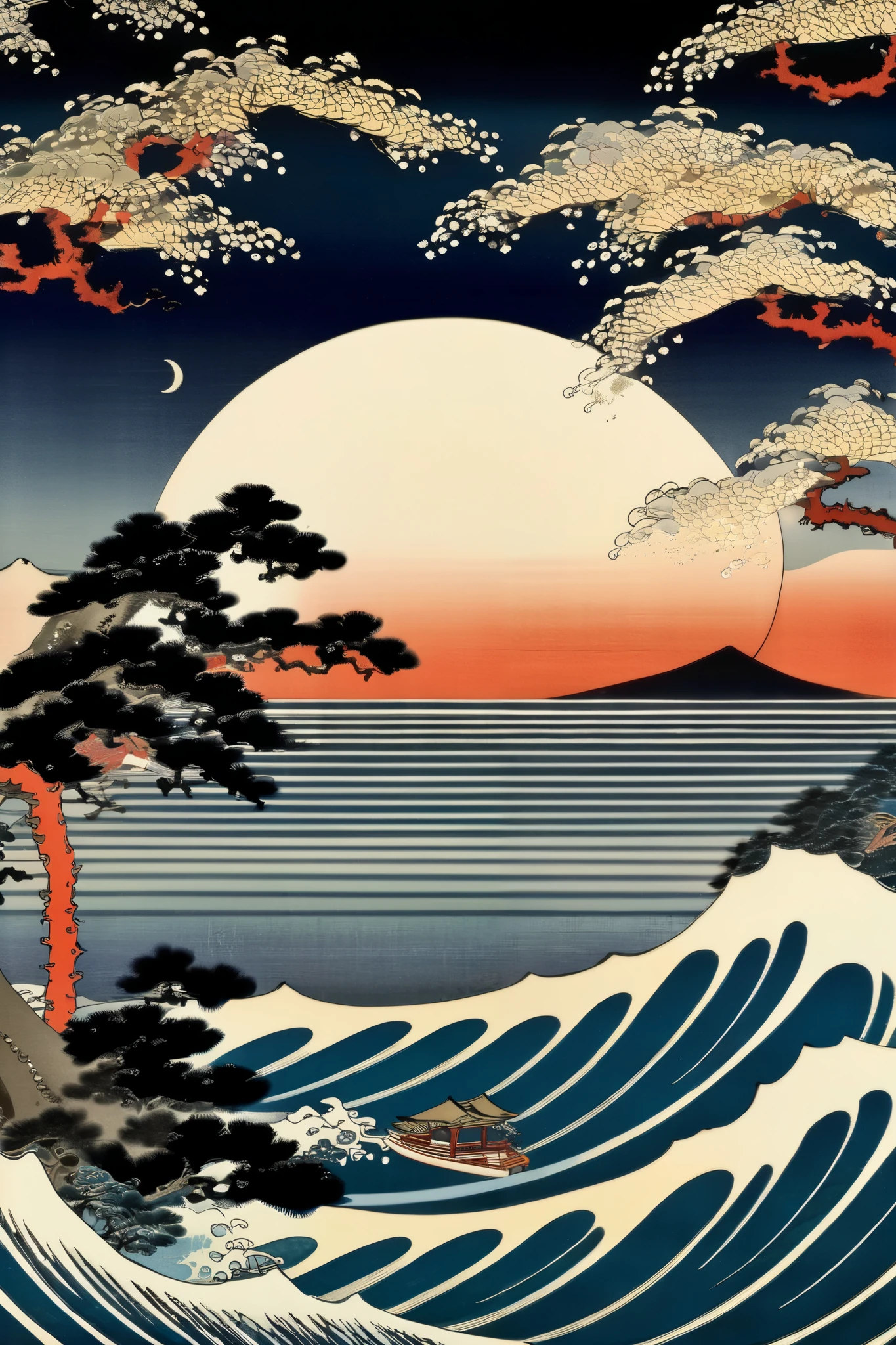 Ukiyo-e - Ukiyo-e with waves and the moon behind trees