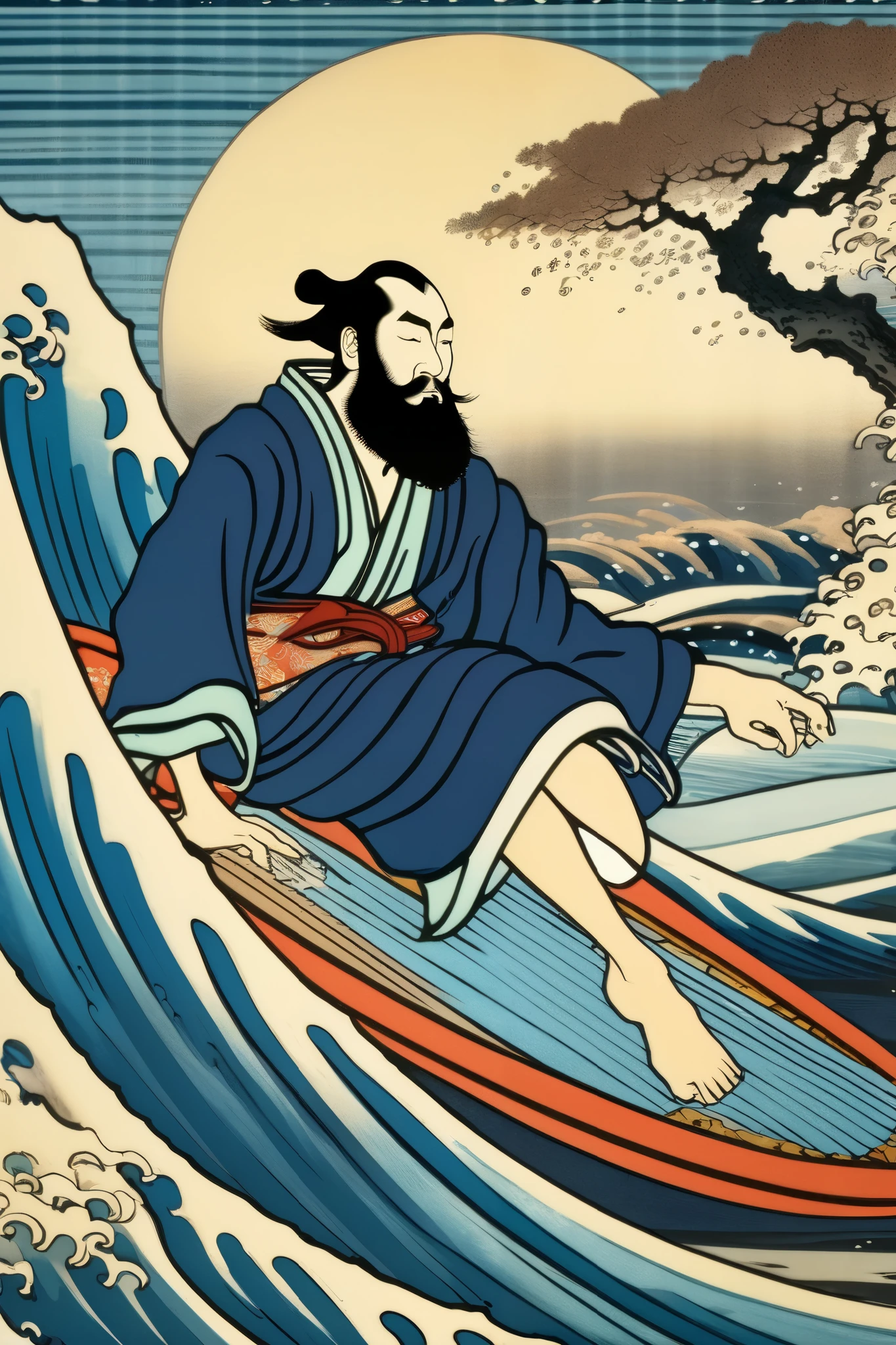 Ukiyo-e - Detailed artistic style of Kanagawa painting where a bearded man surfs in Hokusai's woodcut style /relax