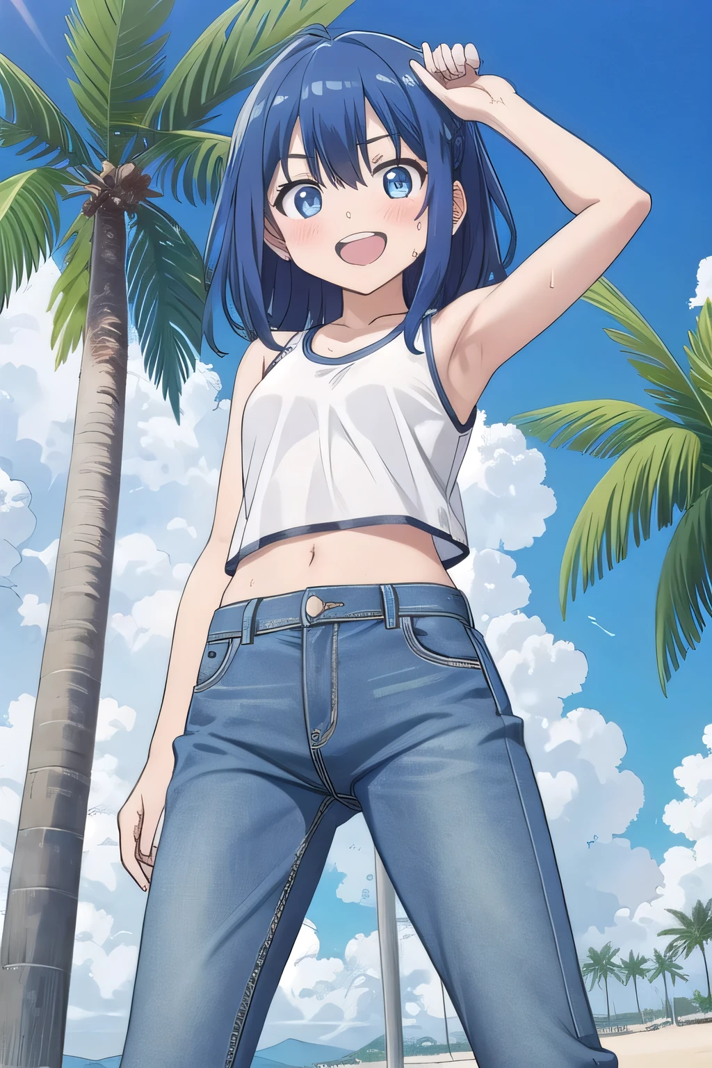 masterpiece,best quality,ultra detail, ((Perfect Face, Perfect Arms, Perfect hands, Perfect Fingers)), 1girl, , peti ((round face, ecstasy, orgasm face, drooping eyes, shame smiling, blush)), dropping eyes, sleepy, background((under the beach, (day:1.2), palm tree, bright sky)), Yanami anna, ahoge,medium hair,blue hair,sidelocks,blunt bangs,blue eyes, hair between eyes,parted bangs, blue eyes, arms behind head, contrapposto, spread armpits, looking at viewer,, (white tank top:1.2), (white crop top:1.2), (jeans pants:1.2, flares jeans:1.2, skinny jeans:1.2, blue jeans:1.2), standing, (legs spread:1.2), nice pose, Sweaty crotch, Steam from the crotch, from below, full medium body