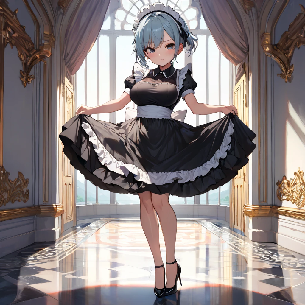 hall of royal palace, landscape, BREAK, beautiful detailed face, ultra high resolution, masterpiece, BREAK, (solo), (1 petite maid standing:1.2), tiptoe, curtsey, both hands lifting short skirt up to both sides, arched back, bouncing breasts, looking at viewer, BREAK, large breasts, (too short torso:1.2), (too short waist), (very narrow skinny waist), skinny legs, (long legs), BREAK, black maid dress, (too short high-waist skirt), stiletto heels, BREAK, nsfw, show off white string panty, cameltoe