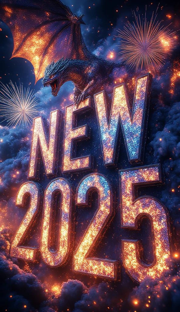  colorful fantasy New Year's poster, magical fireworks, huge and colorful text "New Year 2025", flying dragon between text letters,  detailed digital painting, cinematic lighting, dramatic colors, highly detailed, cinematic, 8k, photorealistic, masterpiece, hkevil, midjourmeyv6.1