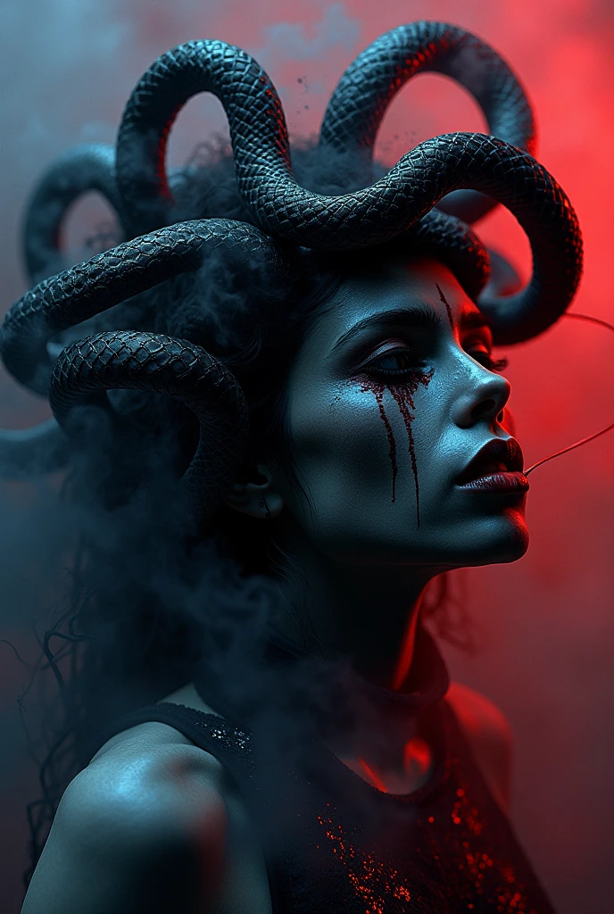 in style of Light painting, in style of Screenprint, beautiful detailed Gothic style red,Greek mythology Medusa wearing a very strange costume is blowing protruding large amounts of black smoke:0.9),(human head snake body),(Hair made of countless snakes),(snake scale skin:1.2),Black smoky makeup,There is red blood in the corner of the eye,()A red, slender tongue protrudes from the open mouth.:1.35),Blue seductive eyes,(In the foreground is the blue laser aurora emitting beams:0.3),complex clothing design, dreamworks animated bjork, james cameron avatar style, darkness is always there,Beauty and warmth come from darkness,Gorgeous model,There are also many snake scales growing on the black arms.,Thin figure,dead branches,Decadence scent,Alexander has a strong flavor of Gothic asceticism,gothic style,Savage growth,Optoelectronic style,science fiction,