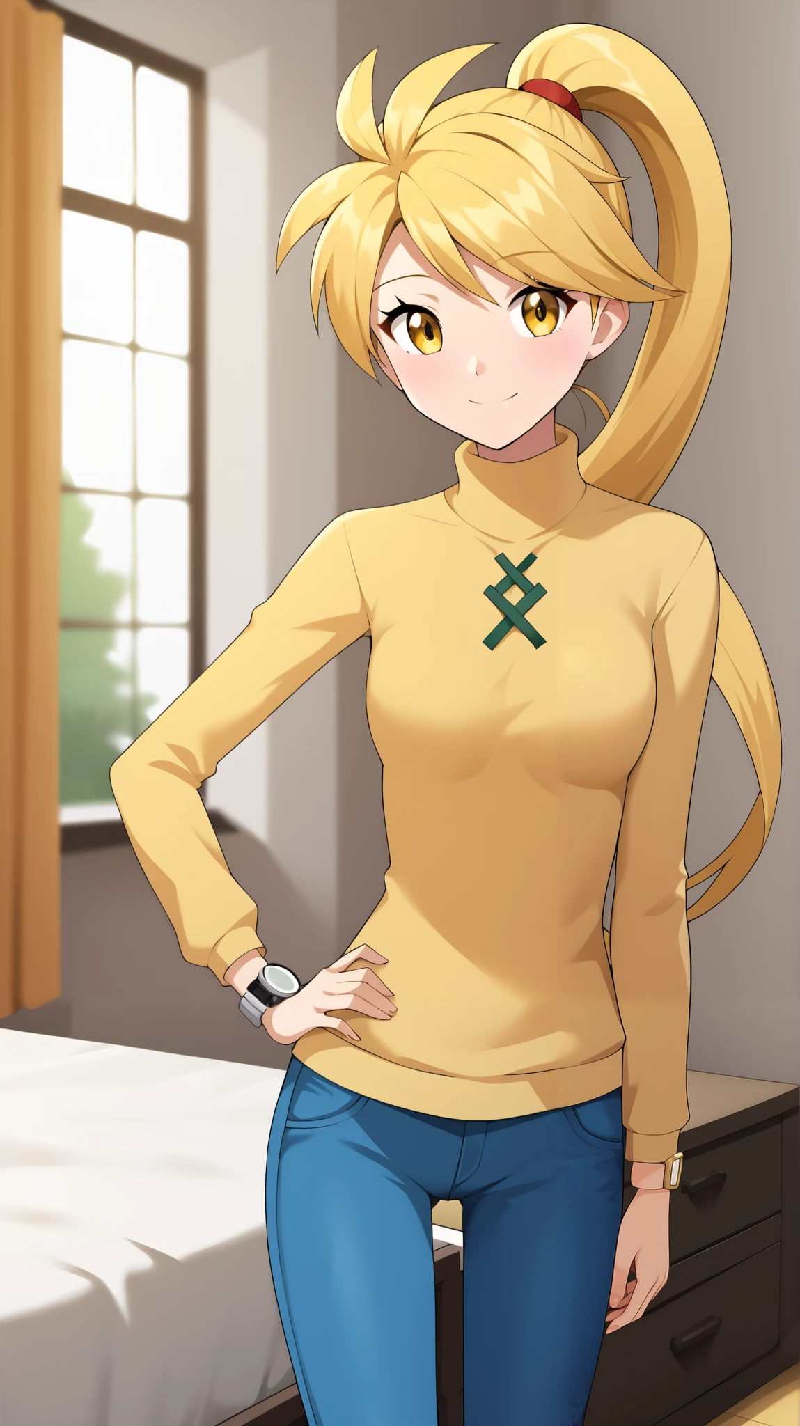 (( top quality)), ((masterpiece)), (( Details)), 1girl,  golden hair color,  Ponytail,  long hair, Yellow Eyes, long sleeve vertical stripe sweater, Blue jeans,  Tall,  anime coloring book,  Watch Viewers , 1 Female, Age 17,  is standing, whole body, Place one hand on hip,  slim figure,  sexy smile,  Seductive Smile, bedroom,  bed, Two legs, two arms,(\ Pokémon\),  score_9,  score_8_Excellent,  score_7_Excellent,  score_6_Excellent,  source_Anime,  cell shading ,  flat color, vector,
