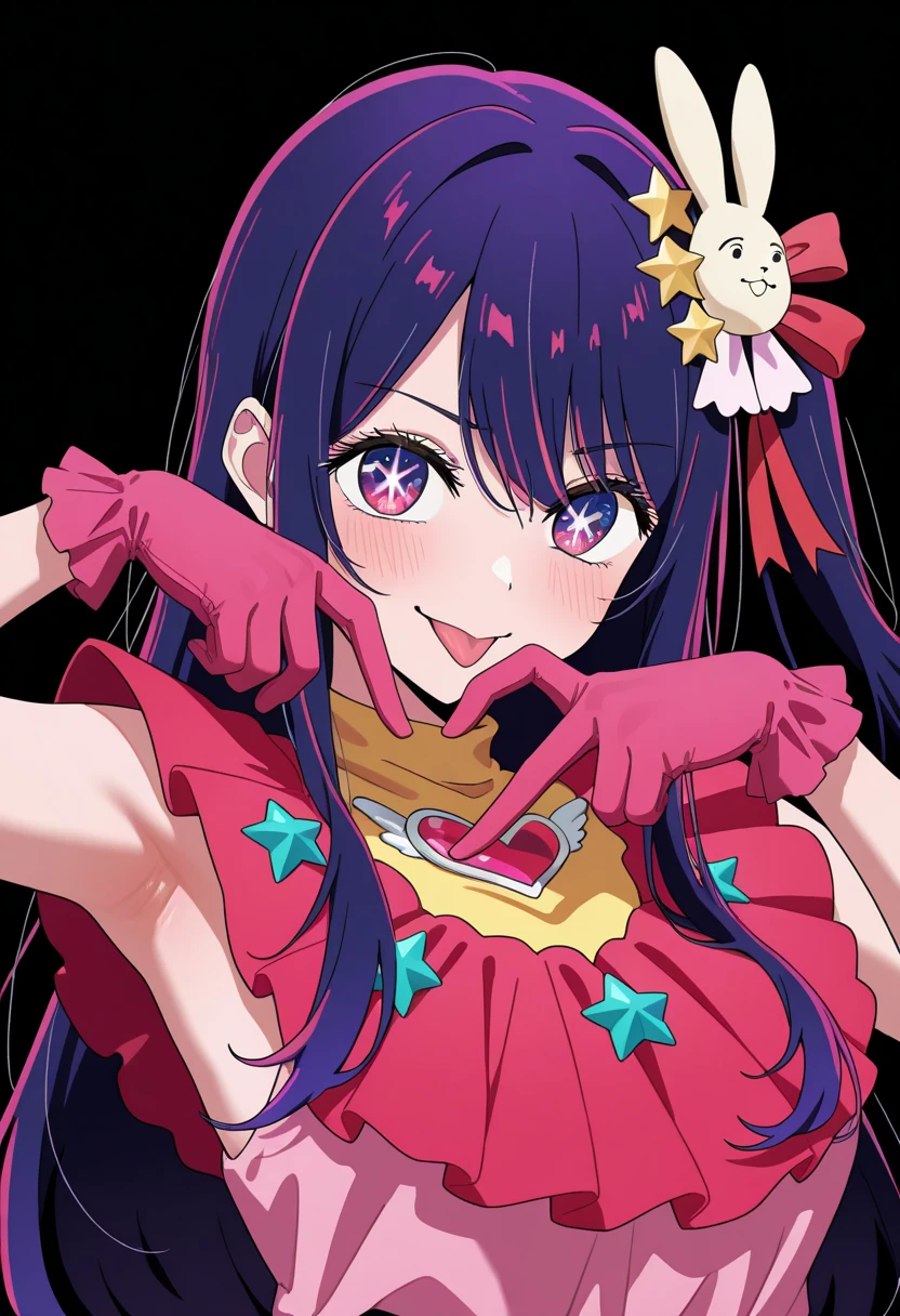 1girl, hoshino ai \(oshi no ko\), oshi no ko,star (symbol),solo,hair ornament,purple hair,rabbit hair ornament,gloves,long hair,star-shaped pupils,tongue,tongue out,pink gloves,dress,symbol-shaped pupils,heart,purple eyes,idol clothes,idol,pink dress,star hair ornament,heart hands,sleeveless,brooch,frills,heart brooch,armpits,frilled dress,looking at viewer,hair between eyes,sidelocks,blush,turtleneck dress,sleeveless dress,frilled gloves,smile,closed mouth,jewelry,one side up,multicolored hair,upper body,ribbon,,black_background,, ,masterpiece, best quality,  absurdres, newest,  very aesthetic, amazing quality,highres,sensitive,