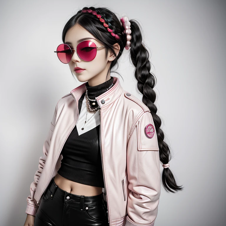  black hair,  braid twin tail,round red sunglasses ,  smirking,  pearl pink and white jacket , White Shirt  , black leather pants ,  Bust up shot ,  girl