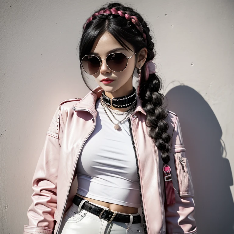  black hair,  braid twin tail,round red sunglasses ,  smirking,  pearl pink and white jacket , White Shirt  , black leather pants ,  Bust up shot ,  girl