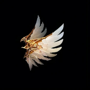  Diablo Concept Art，A pair of wings，Metal Skeleton ， Metal material ， metallic luster， white feathers， game icon， European and American realistic style ，Magic，4K， HD