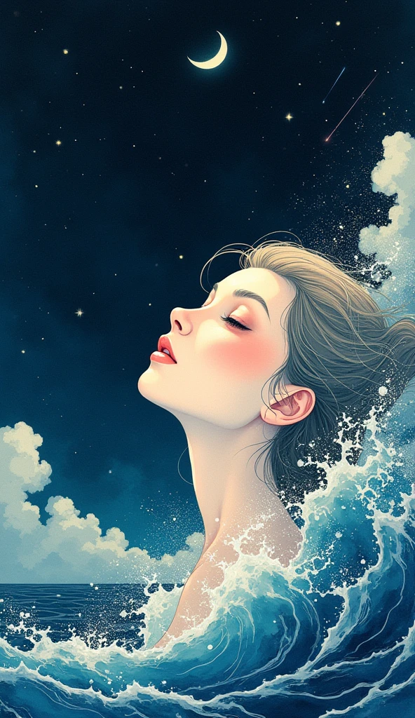 A fusion of ink painting and vivid watercolor、 beautiful face in a big ship、night、 shooting star、Small Moon、 anime art、