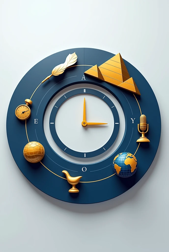 "A sleek 2D circular timeline logo featuring clean and modern design elements. The timeline forms a circle with key icons representing history and current affairs: a monument like the pyramids, a quill pen, a news microphone, and a globe. The timeline is divided into segments, each transitioning smoothly with gradient shades of blue and gold, symbolizing the flow of time. The center of the circle is left open for a minimalist clock face or your channel initials 'UT'. The overall color scheme should be professional, using shades of blue, gold, and white with a slight metallic texture to make it dynamic yet timeless."