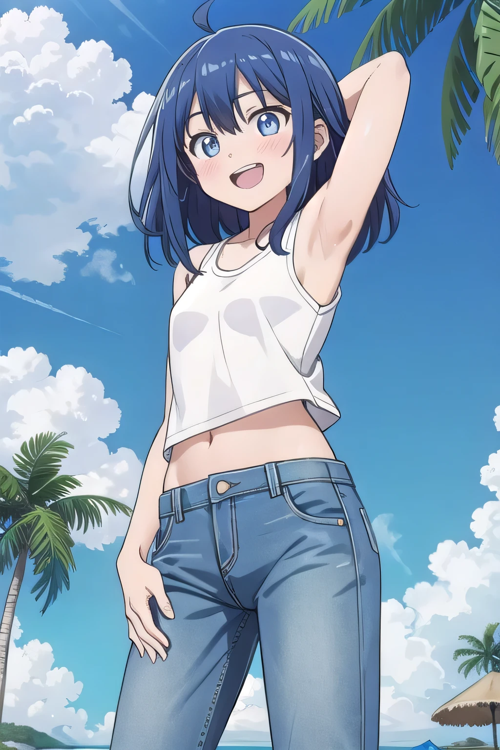 masterpiece,best quality,ultra detail, ((Perfect Face, Perfect Arms, Perfect hands, Perfect Fingers)), 1girl, 14yo, petite, ((round face, ecstasy, orgasm face, drooping eyes, shame smiling, blush)), dropping eyes, sleepy, background((under the beach, (day:1.2), palm tree, bright sky)), Yanami anna, ahoge,medium hair,blue hair,sidelocks,blunt bangs,blue eyes, hair between eyes,parted bangs, blue eyes, arms behind head, contrapposto, spread armpits, looking at viewer,, (white tank top:1.2), (white crop top:1.2), (jeans pants:1.2, flares jeans:1.2, skinny jeans:1.2, blue jeans:1.2), standing, (legs spread:1.2), sex pose, Sweaty crotch, Steam from the crotch, from below, full medium body