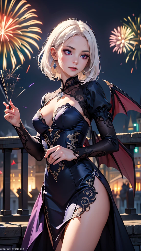 Insanely detailed photograph of a gorgeous vampire female, (new year party in vampire castle) ,goth Renaissance, from below, cowboy shot,  face focus, perfect anatomical rendering, (medium short white hair), detailed beautiful purple eyes, detailed bat wings, fantastical, vampire, bewitching, BREAK elegant seductive detailed navy blue color outfit with little white accents, elegant jewelry, ethereal, hyper-detailed, 32k resolution, incredibly absurdres, dynamic lighting, hyper-detailed, intricately detailed,trending on Artstation, triadic colors, volumetric lighting, BalenciagaStyle, (intricate detailed background, new year party,outside, (beautiful fireworks), A magnificent vampire castle) 