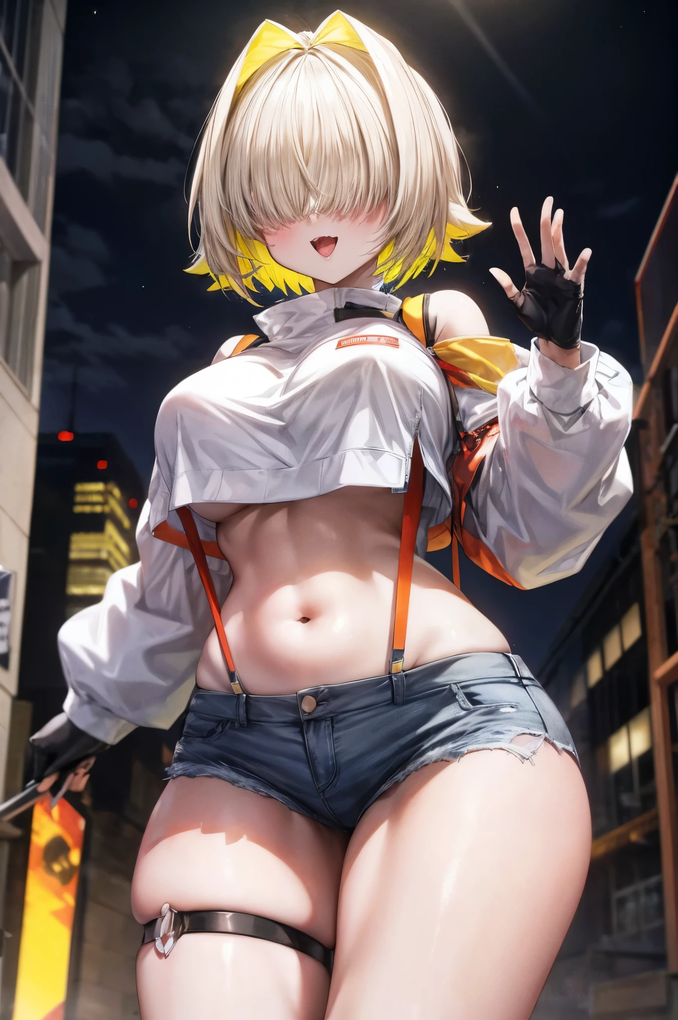 score_9, score_8_up, score_7_up, source_anime BREAK 1girl, solo, elegg, short hair, bangs, hair intakes, multicolored hair, hair over eyes, crop top, bare shoulders, long sleeves, suspenders, midriff, navel, short shorts, thigh strap, multicolored_gloves, large breasts, looking at viewer, thick thighs, plump, standing, smug, waving
,future_city_background,night,under_breasts