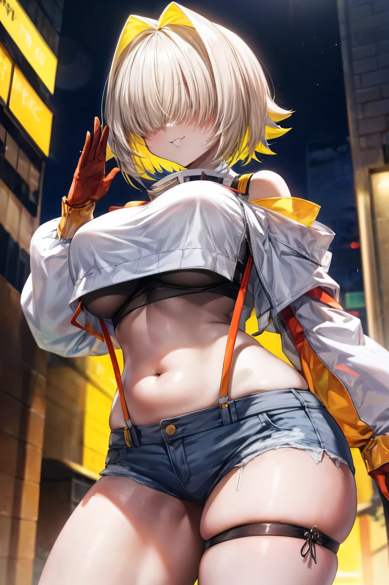 NSFW,modred、（Green Eyes：1.5）、Blonde Hair、ponytail、short hair、Scrunchie、赤いScrunchie、Hair shish、Jacket、jewelry、abdomen、belly button、necklace、赤いJacket,(Perfect hands),(Perfect Anatomy),(masterpiece),(highest quality),Downtown at night,(Embarrassed:1.5),blush,One man,(Oral sex:1.5)