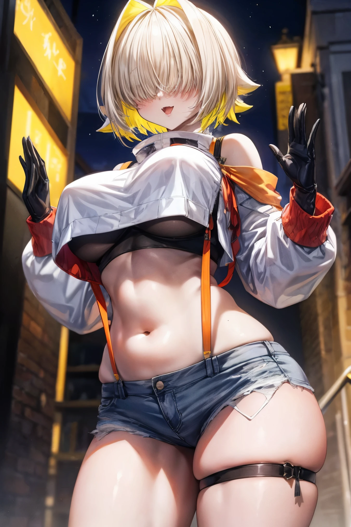 score_9, score_8_up, score_7_up, source_anime BREAK 1girl, solo, elegg, short hair, bangs, hair intakes, multicolored hair, hair over eyes, crop top, bare shoulders, long sleeves, suspenders, midriff, navel, short shorts, thigh strap, multicolored_gloves, large breasts, looking at viewer, thick thighs, plump, standing, smug, waving
,future_city_background,night,under_breasts