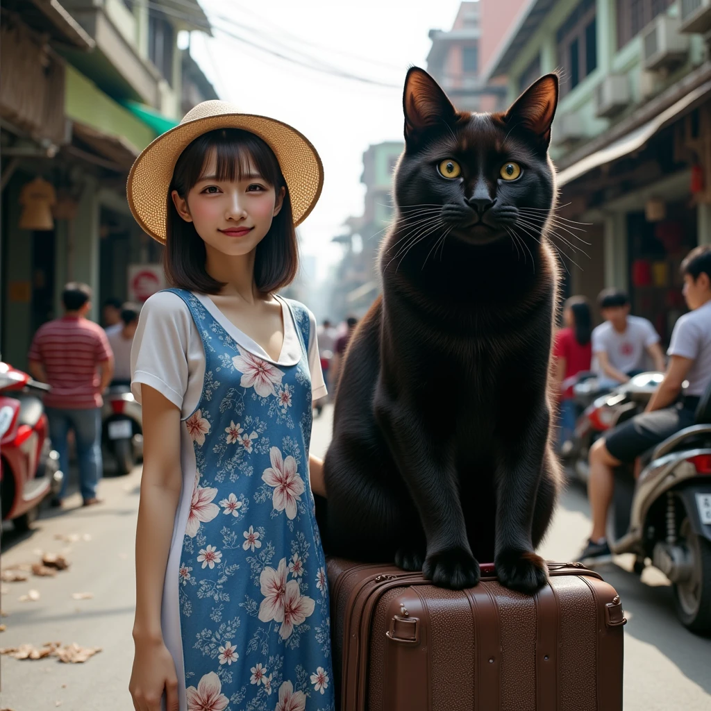 ultra-realistic, photorealistic, dramatic scene, shadow, global-illumination, solo, 1 girl\( 20 years old Japanese beautiful girl, beautiful with cute face, wearing snow patterned blue ao dai, shoulder-length brown hair, accessories, Vietnamese Non La hat\), 1 human-like giant black cat\( human-like giant black cat, white shirt with short sleeves, slight taller than the girl, holding a large suits case, little chubby, standing with her\), the girl is standing by the Honda scooter with human-like giant black at the downtown street in Ho Chi Minh city in 2000, Cluttered streets, people walking on the sidewalks, rows of miscellaneous buildings, trees, Crowded with many motorcycles and scooters, (shoot from side)