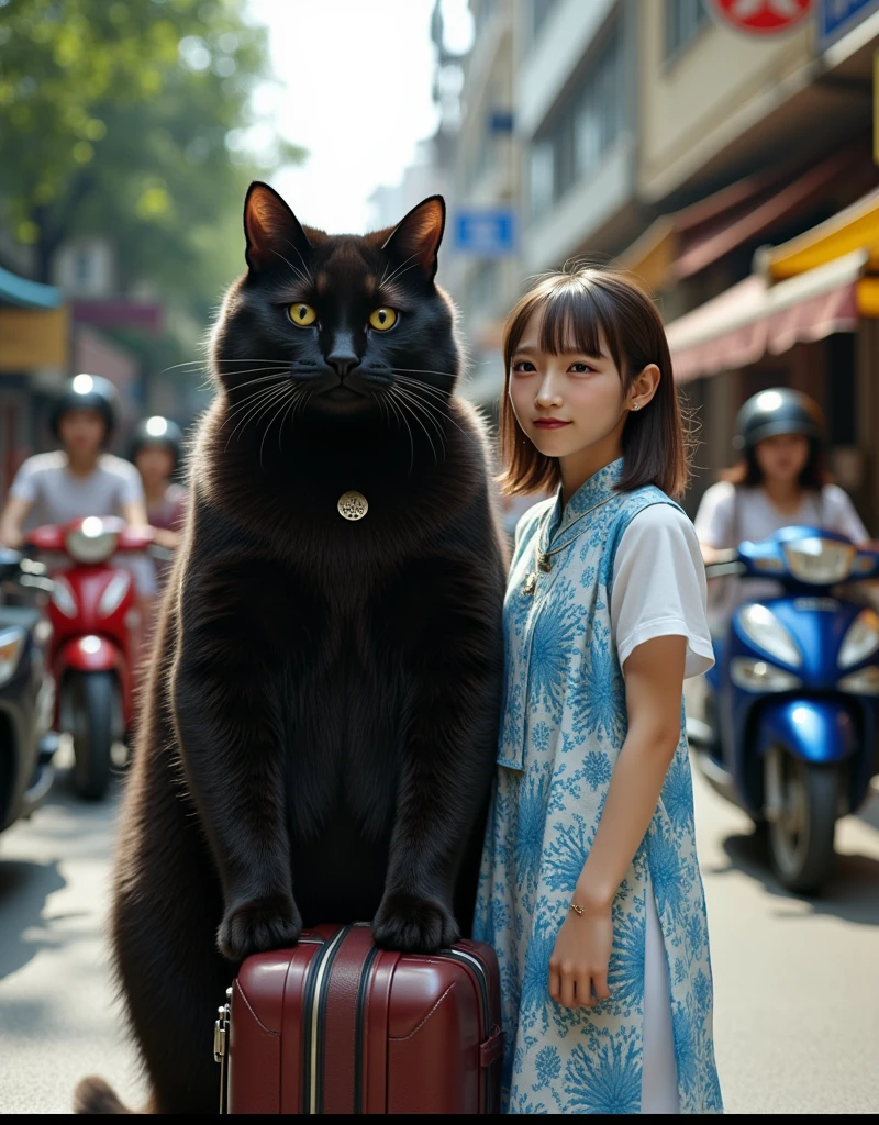 ultra-realistic, photorealistic, dramatic scene, shadow, global-illumination, solo, 1 girl\( 20 years old Japanese beautiful girl, beautiful with cute face, wearing snow patterned blue ao dai, shoulder-length brown hair, accessories, Vietnamese Non La hat\), 1 human-like giant black cat\( human-like giant black cat, white shirt with short sleeves, slight taller than the girl, holding a large suits case, little chubby, standing with her\), the girl is standing by the Honda scooter with human-like giant black at the downtown street in Ho Chi Minh city in 2000, Cluttered streets, people walking on the sidewalks, rows of miscellaneous buildings, trees, Crowded with many motorcycles and scooters, (shoot from side)