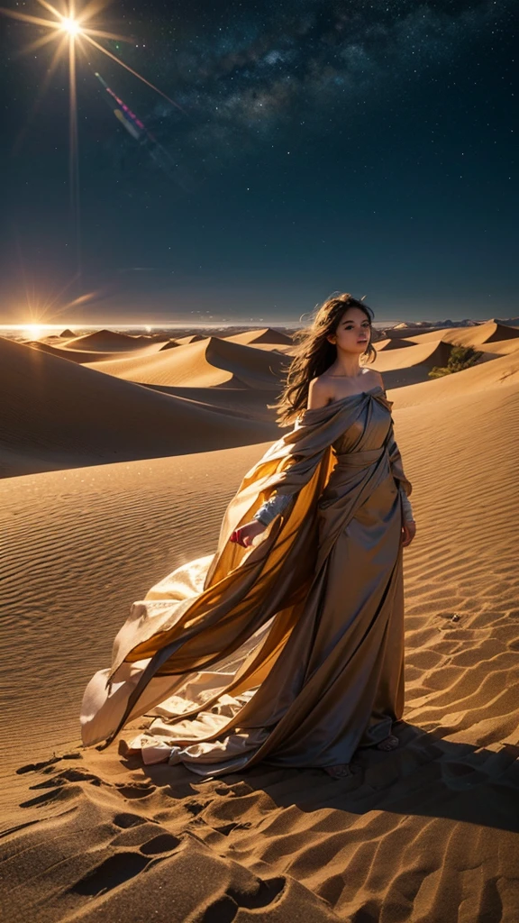 surreal landscape, dreamlike color palette, soft lighting, ethereal atmosphere, sand dunes stretching into the distance, vibrant oasis in the center, palm trees swaying gently in the breeze, Alice standing in awe amidst the barrenness, flowing dress billowing around her, curious expression on her face, sun casting long shadows, slight mirage shimmering in the air, intense heat radiating from the desert floor, infinite sky with wispy clouds, captivating and mysterious scene.