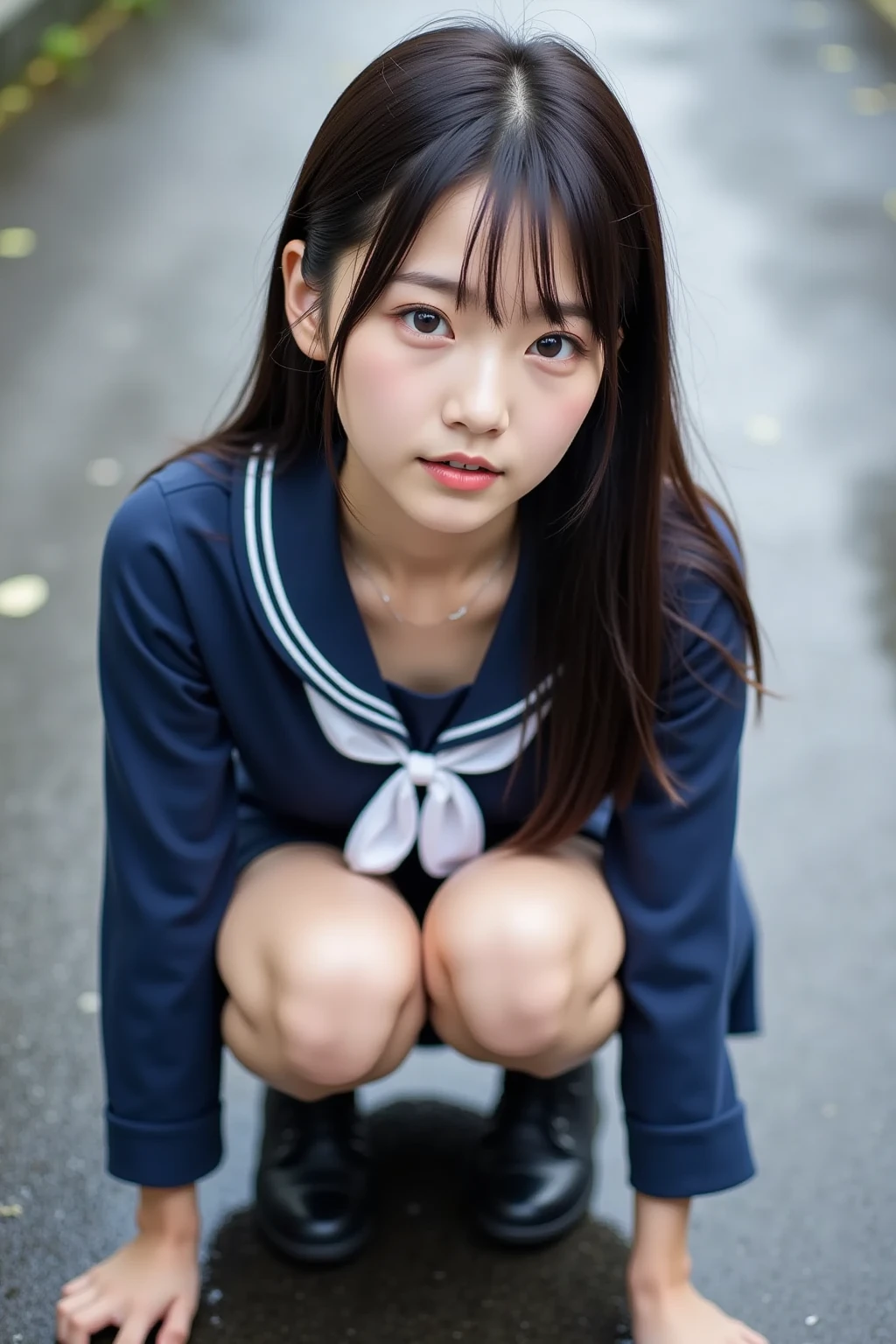 Japan Sailor School Uniform、dark blue school uniform、navy pleated skirt、beautiful girl、、(((Leave the hem of the sailor suit outside)))、black hair、ponytail、((No bangs:1.2))、((put out one's forehead))、I love you、Spinning、white socks、loafers、standing position、serious expression、