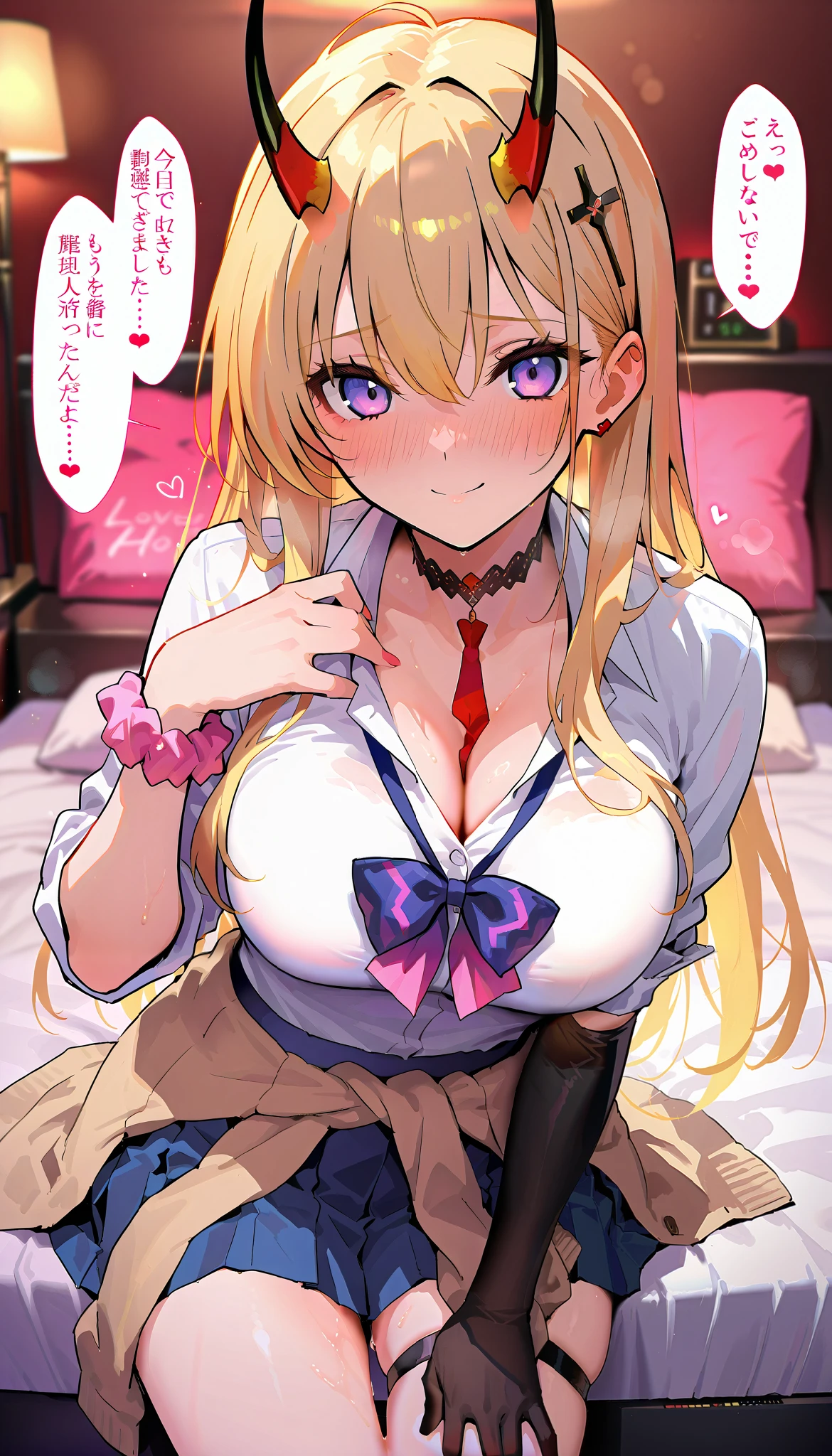 masterpiece, beautiful woman, adult female, cute, kumano, purple eyes, blonde hair, long hair, sidelocks, oni horns, cross hair ornament, choker, white shirt, collared shirt, sleeves rolled up, cleavage, purple bow, loose bowtie, wrist scrunchie, single elbow glove, black glove, blue skirt, pleated skirt, miniskirt, side-tie peek, single thigh strap, cardigan around waist, score_9, score_8_up, score_7_up, , rating_general, beige cardigan, beige sweater, black choker, black necktie, black skirt, cardigan, cardigan around waist, source_anime, cowboy shot, full portrait, hair between eyes, (slim, slender body, tight waist, toned body), (indoor, Love Hotel , bed, dim), full-face blush、speech bible, (lovely face, embarrassed, full blush, loving you), lovely hearts:1.4, lying, smile